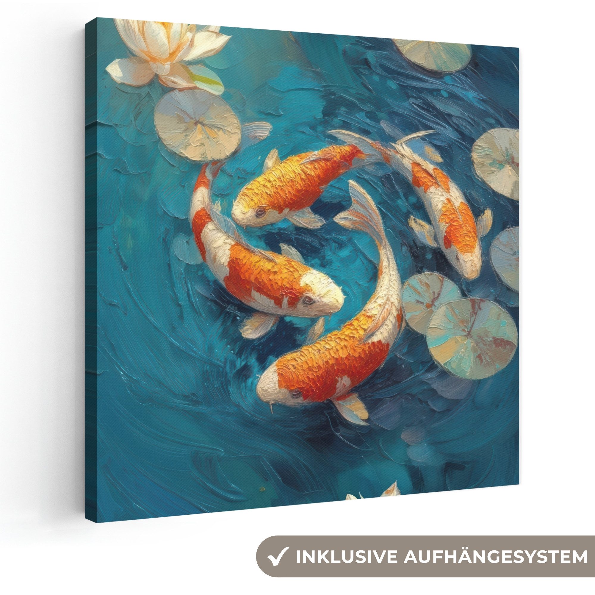 OneMillionCanvasses® Leinwandbild Fische - Seerosen - Orange - Wasser, Fotodruck (1 St), Wandbild, Deko Schlafzimmer Wohnzimmer Flur 20x20 cm