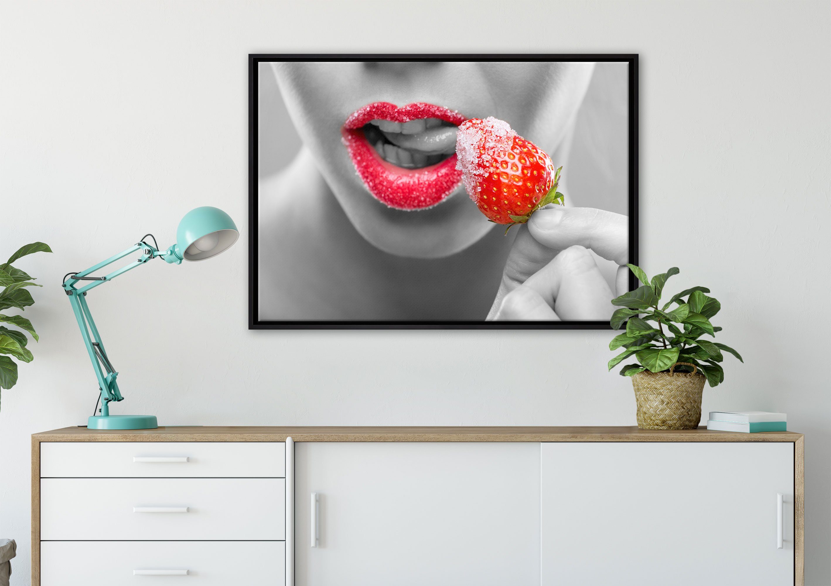 Pixxprint Leinwandbild Erdbeere mit Leinwandbild Zackenaufhänger Wanddekoration St), Zucker, Schattenfugen-Bilderrahmen fertig gefasst, in inkl. (1 bespannt, einem