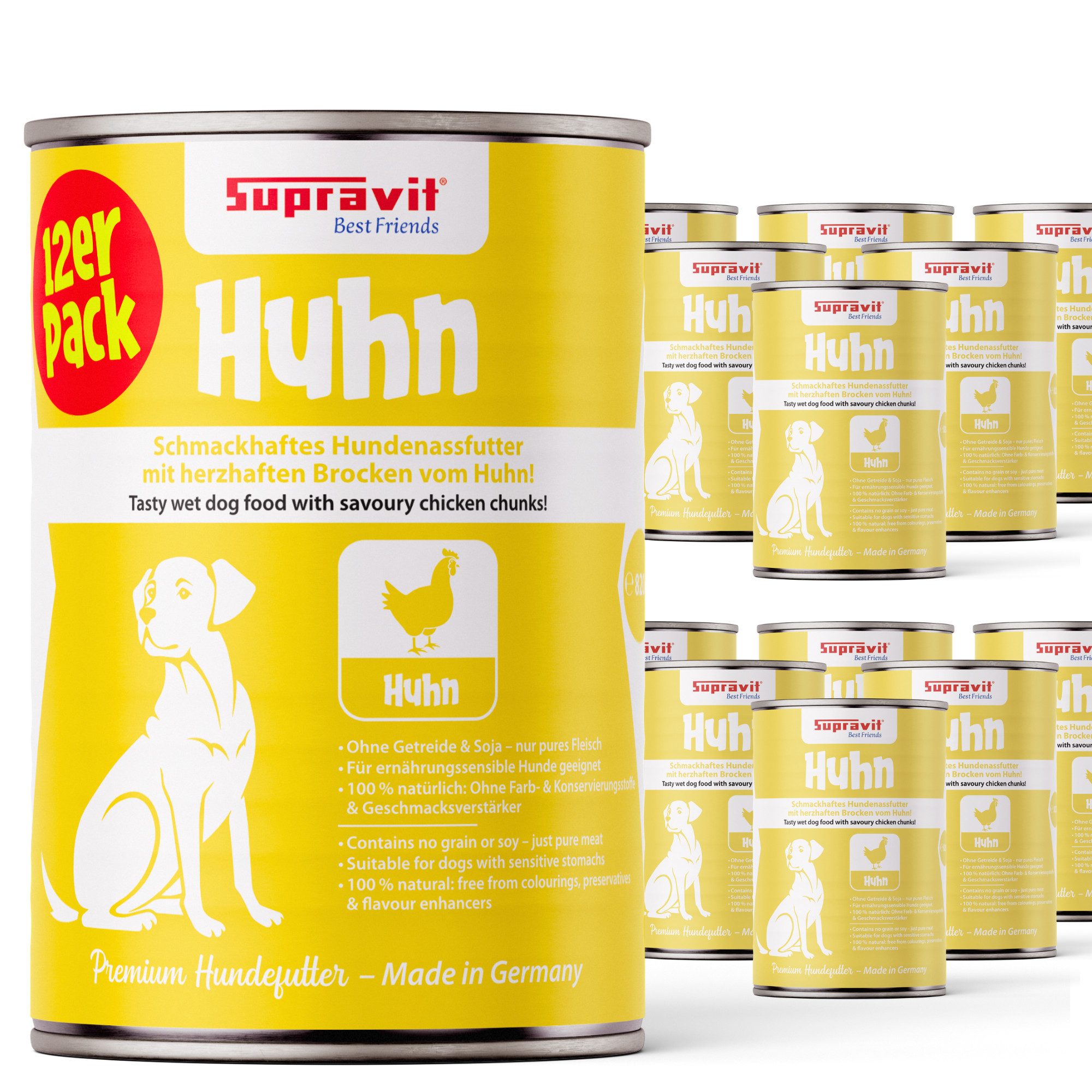 Supravit Nassfutter für Hunde 12 x 410g Dosen - Schmackhaftes Hundefutter nass Huhn, Nassfutter für: Hund