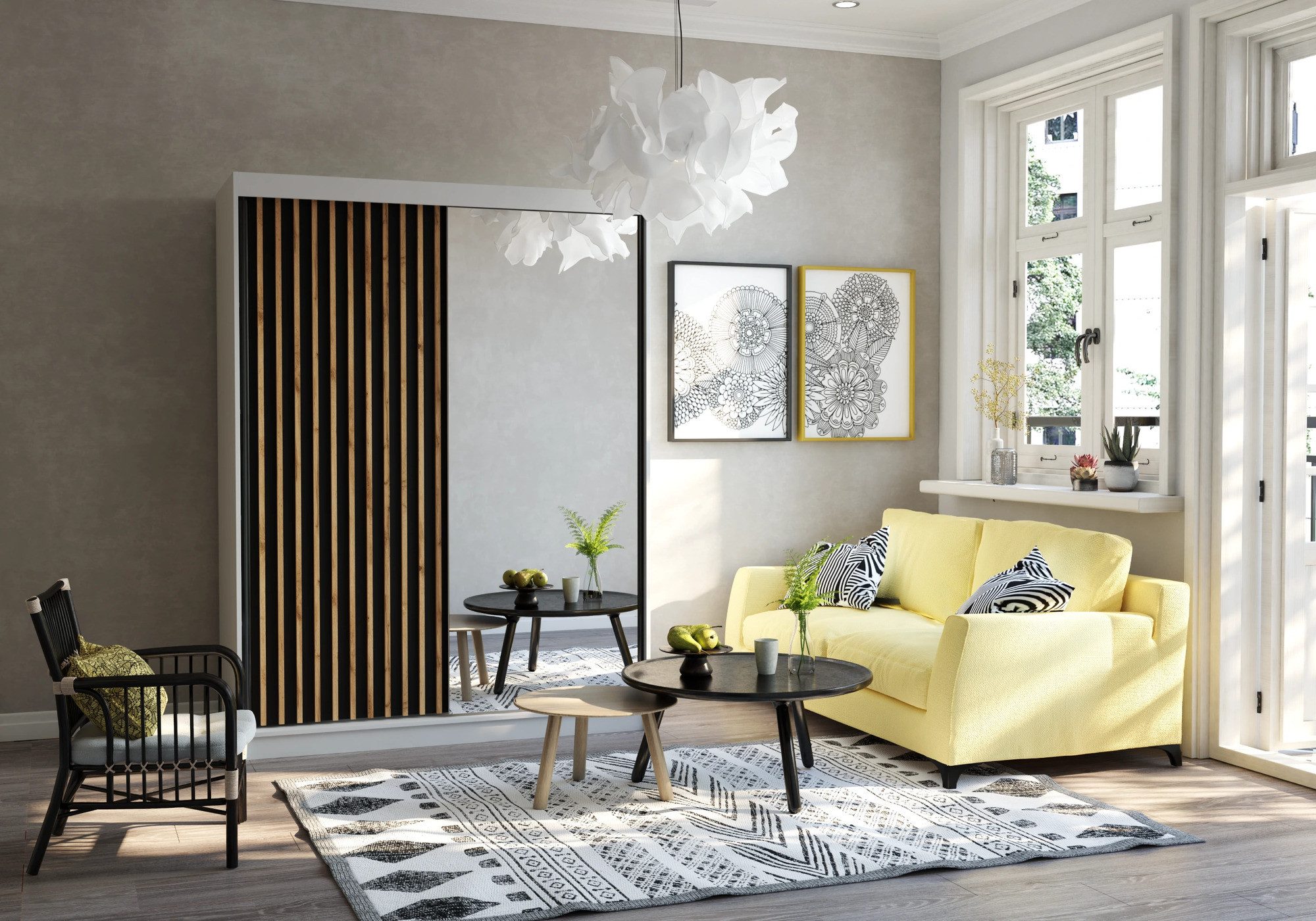 MOEBLO Kleiderschrank LABI (Schiebetür-Kleiderschrank mit Spiegel & Holzdek günstig online kaufen