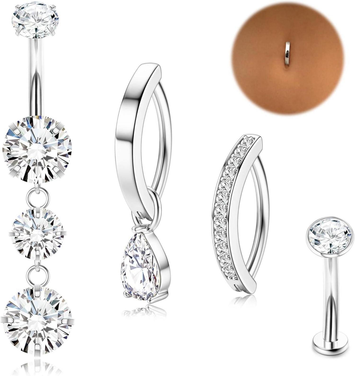 Bauchnabelpiercing-Set 14G Bauchnabelpiercing Chirurgenstahl Silber/Gold CZ Clicker Set