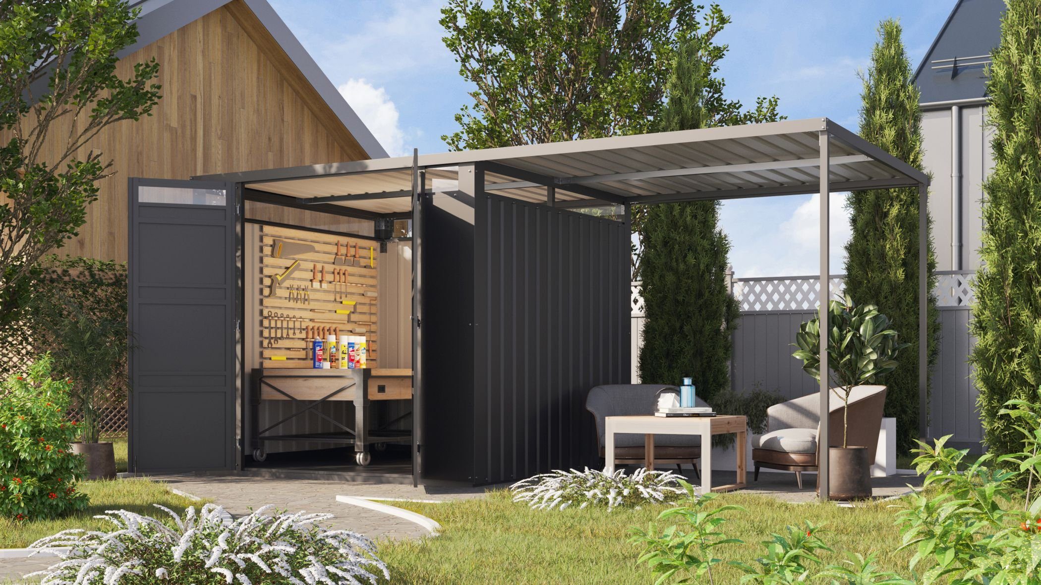 Karibu Gartenhaus Metall Gartenhaus Superline 2 mit Anbaudach 2,25 m