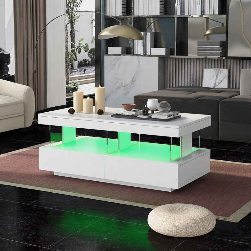Merax Couchtisch mit LED-Beleuchtung und hochglänzender Tischplatte, Beistelltisch mit 2 Schubladen, Wohnzimmertisch mit Glastrennwände