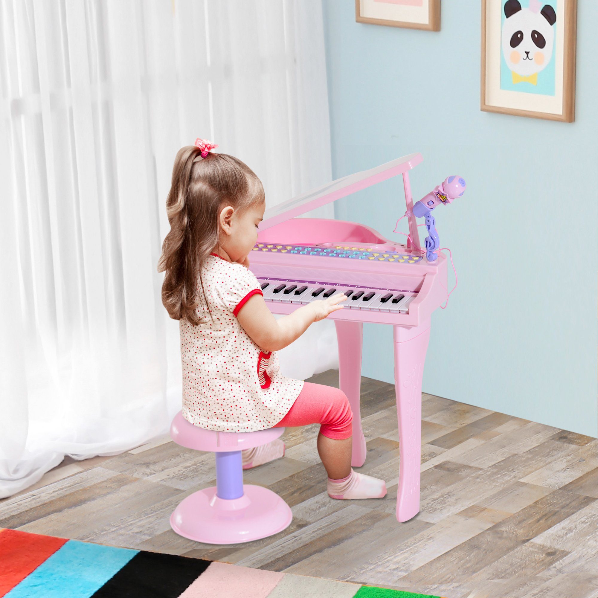 HOMCOM Spielzeug-Musikinstrument Piano Keyboard, Musikinstrument Rosa, (Mini-Klavier, 2 tlg., MP3 USB inkl. Hocker 37 Tasten), mit Licht & Sound