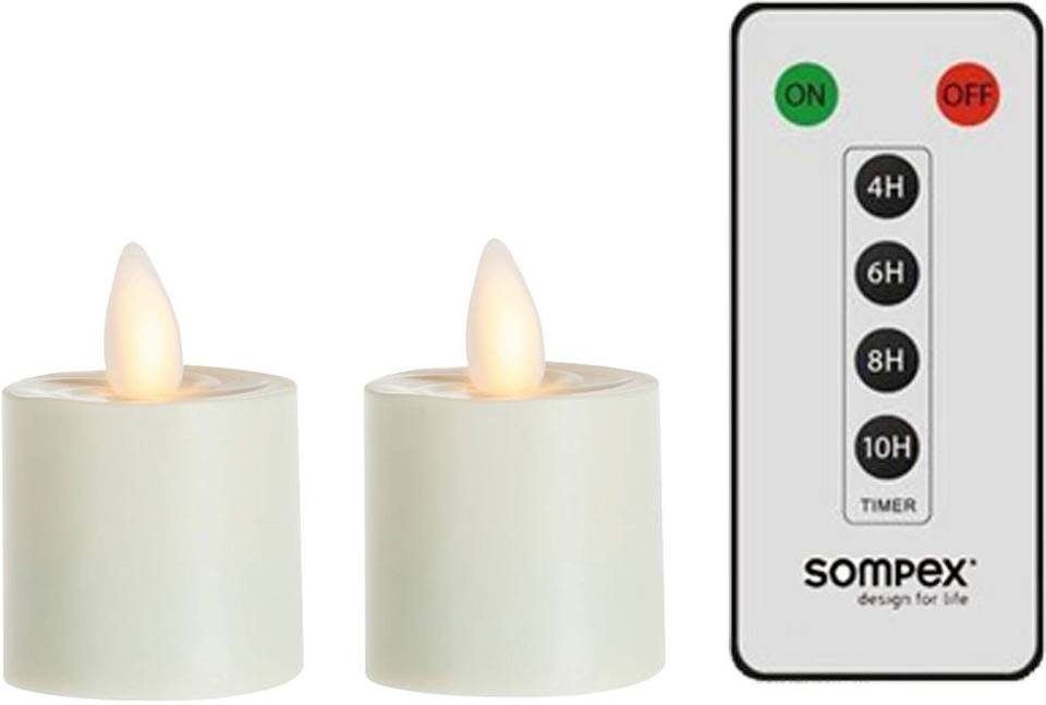 SOMPEX LED-Kerze 2er Set Sompex Flame LED Teelicht (Set, 3-tlg., 2 Teelichter, Höhe 3,1cm, Durchmesser 3,6cm, 1 Fernbedienung), mit Timer, Echtwachs, täuschend echtes Kerzenlicht