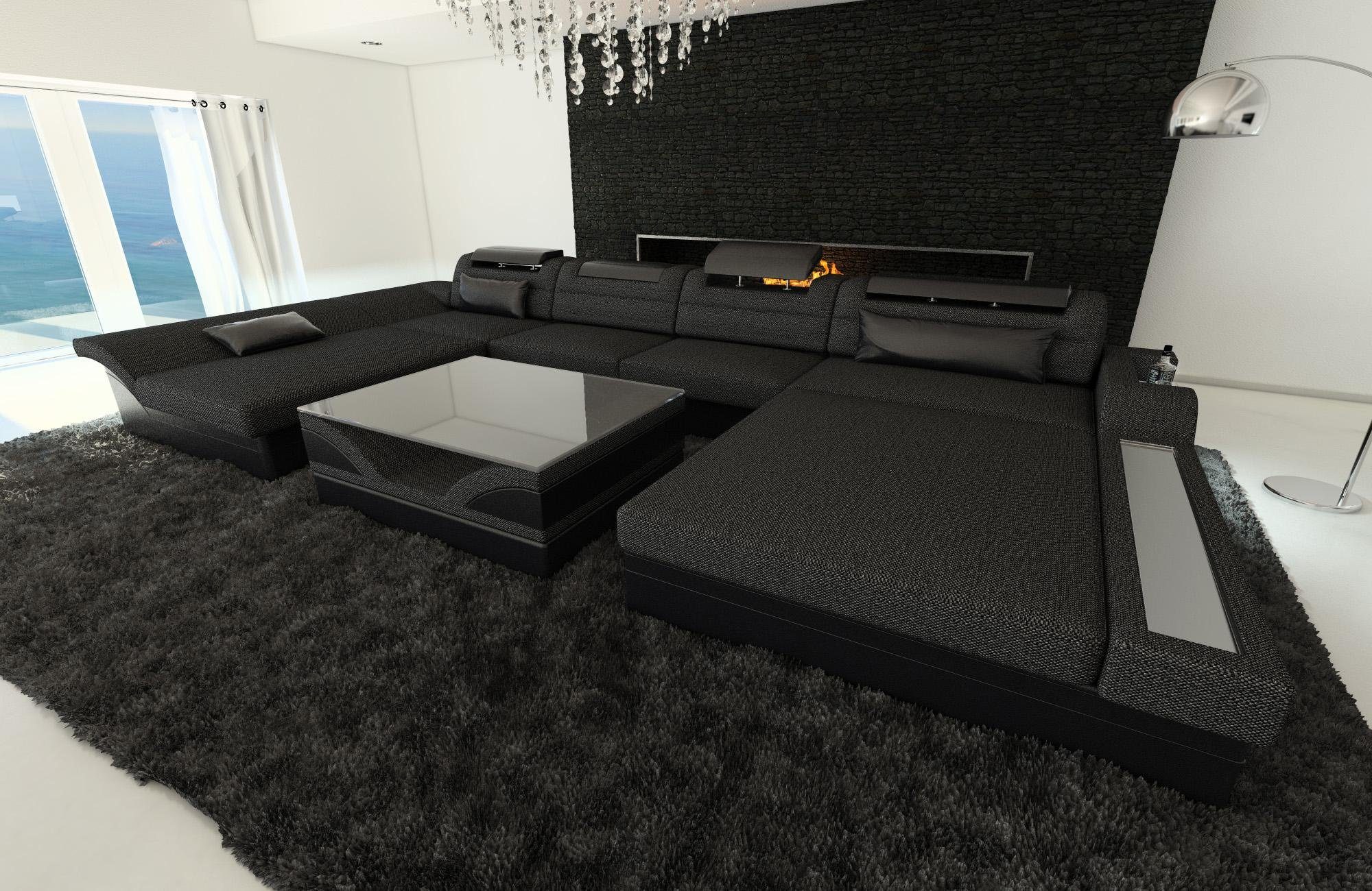 Designersofa Monza Dreams Stoff Polster Grau-Schwarz ausziehbare Wohnlandschaft LED, Stoffsofa, Couch Sofa mit Bettfunktion, Form U Schwarz H12