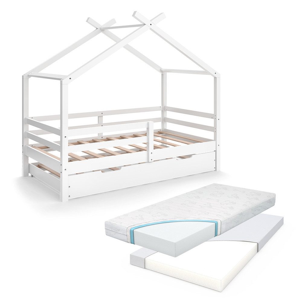VitaliSpa® Hausbett Luni, Weiß, 160 x 80 cm mit ausziehbarem Gästebett und Matratzen (1-tlg)