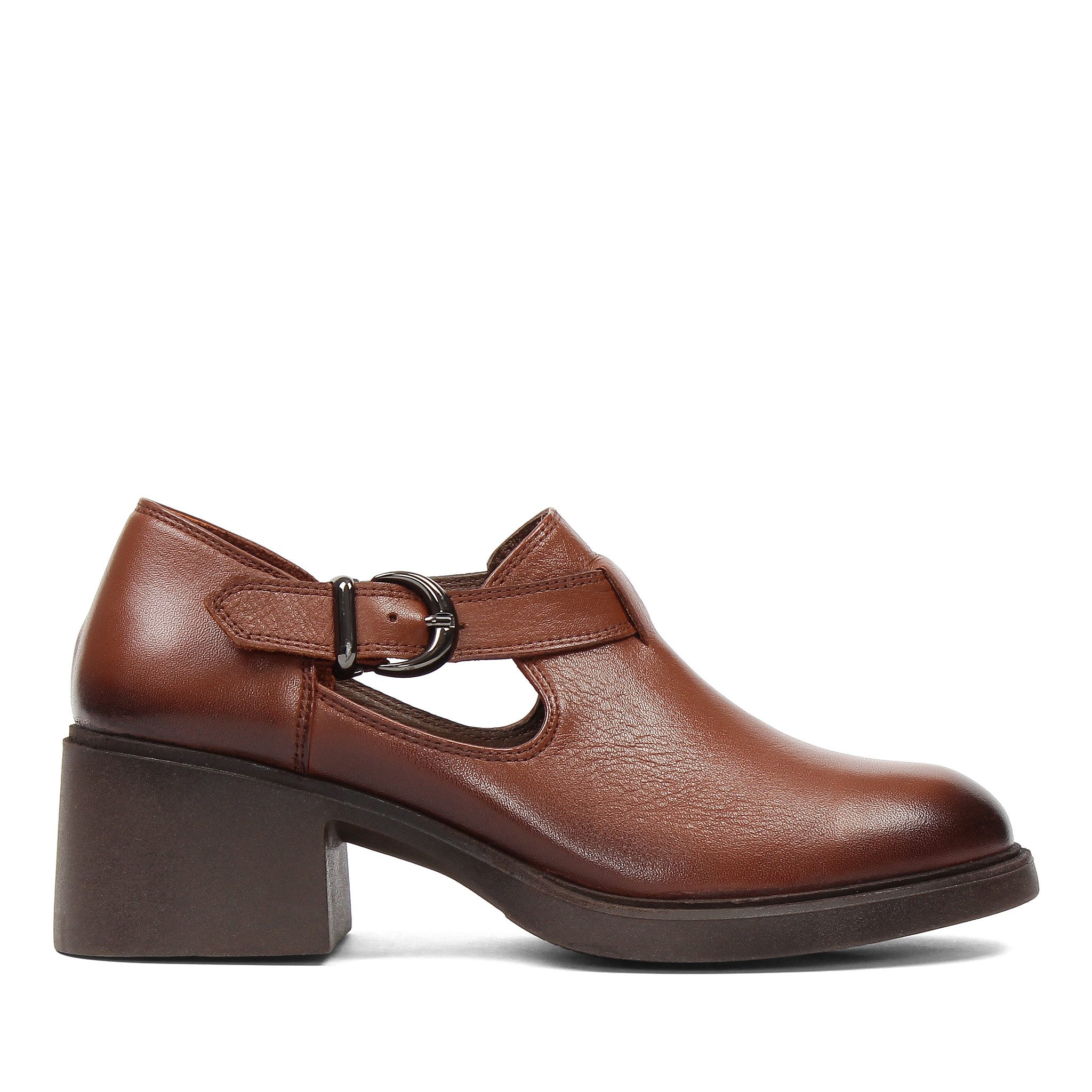 Celal Gültekin Plateau Spangenschuhe Blockabsatz Retro Damen Mary-Jane-Schuhe Narbenleder, Antik-Finish & Echtleder-Futter, Hellbraun, 37