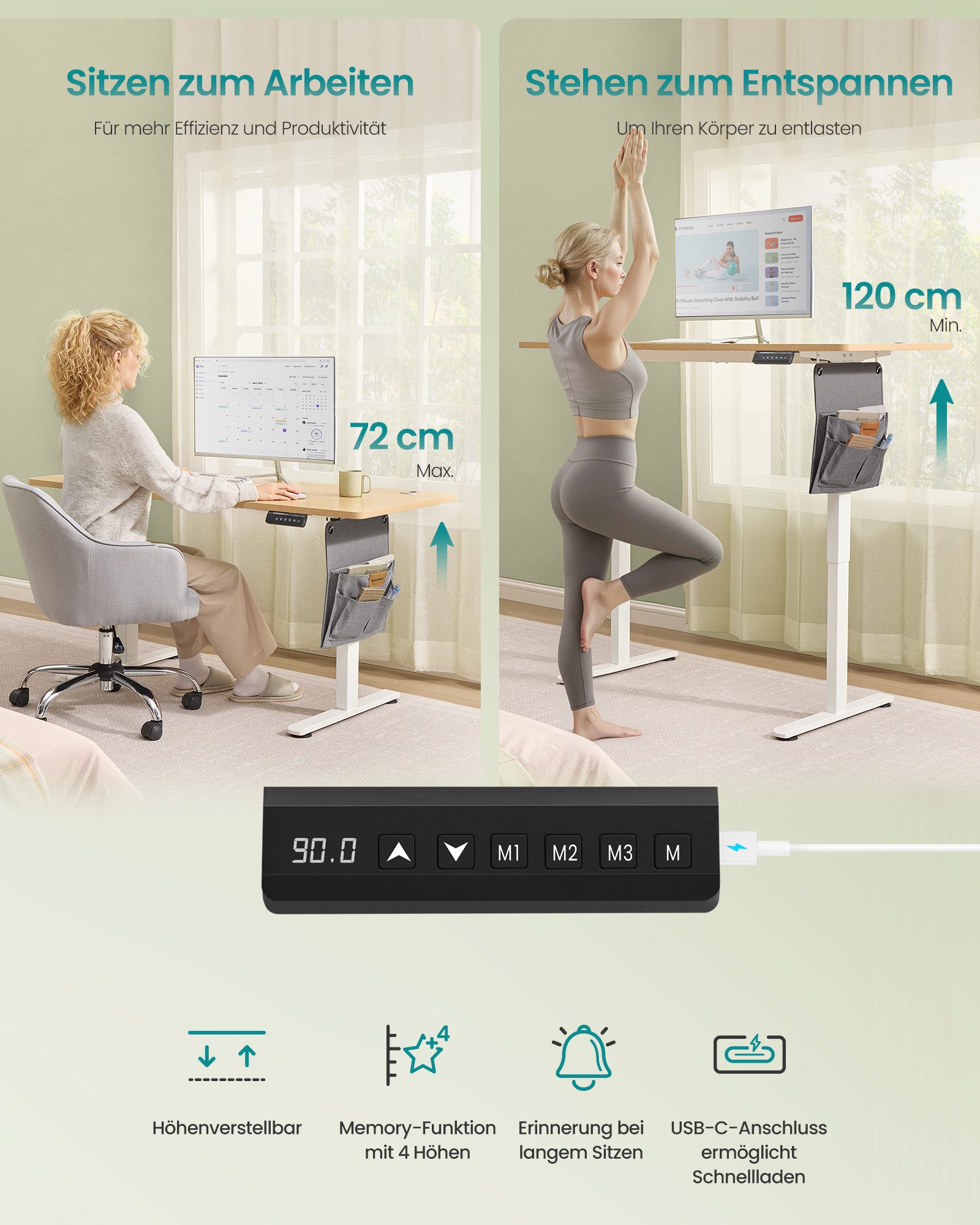 SONGMICS Schreibtisch Höhenverstellbarer elektrisch, 100/120/140/160/180 cm, USB-C-Anschluss, Memory-Funktion für 4 Höhen, mit Stoff-Organizer