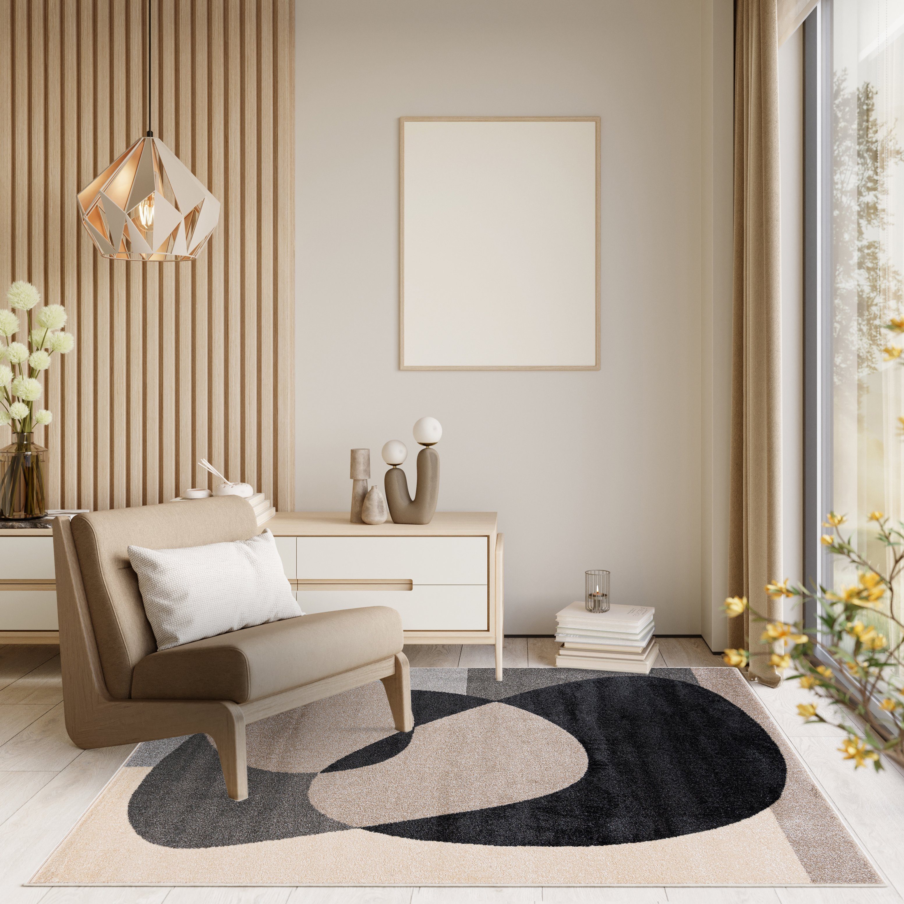 Mazovia Designteppich Modern Teppich Kurzflor Wohnzimmerteppich Japandi Scandi Beige Grau, 80 x 150 cm, Fußbodenheizung, Allergiker geeignet, Farbecht, Pflegeleicht