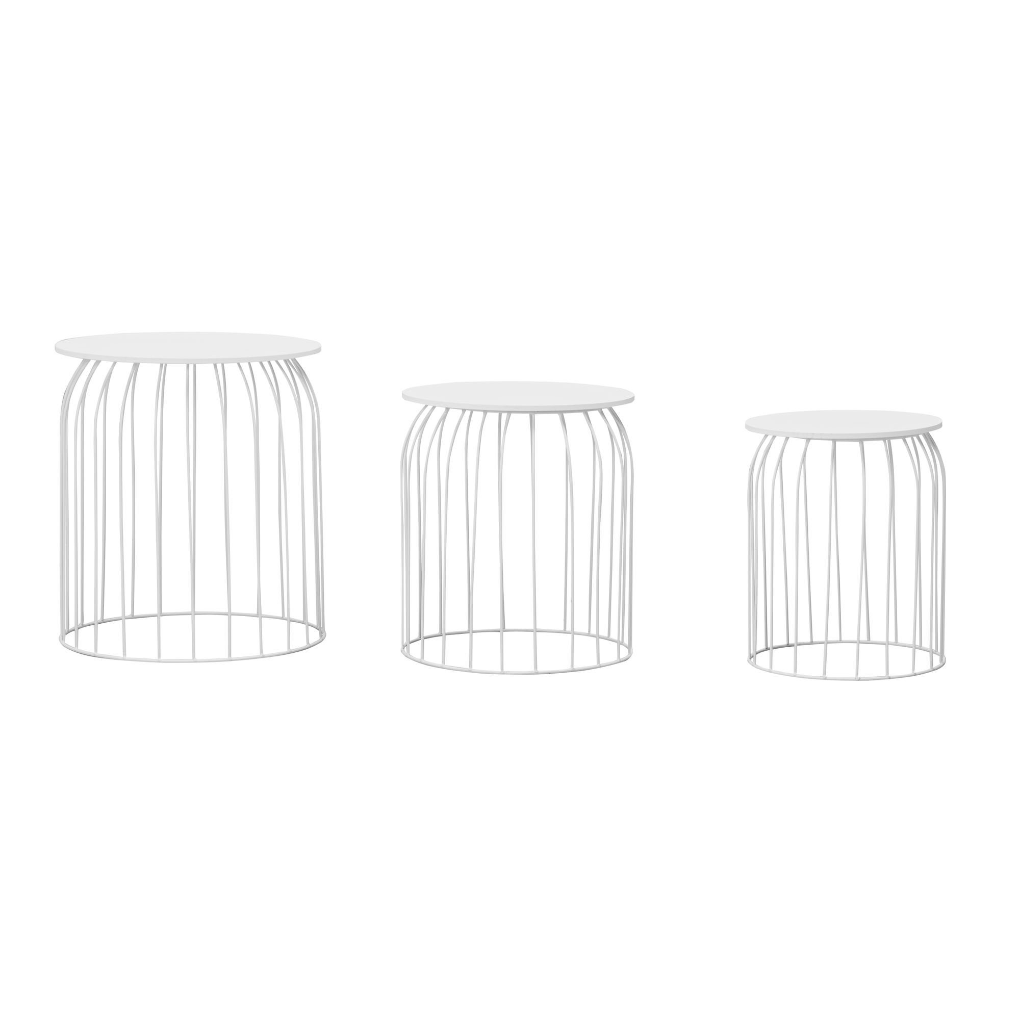 möbelando Satztisch Design Beistelltisch 3er Set aus Körben Couchtisch, Design Beistelltisch 3er Set aus Körben Couchtisch Weiß, Moderne Korbtische mit abnehmbaren Tablett, Satztisch 3-teilig mit Stauraum. € 114,95