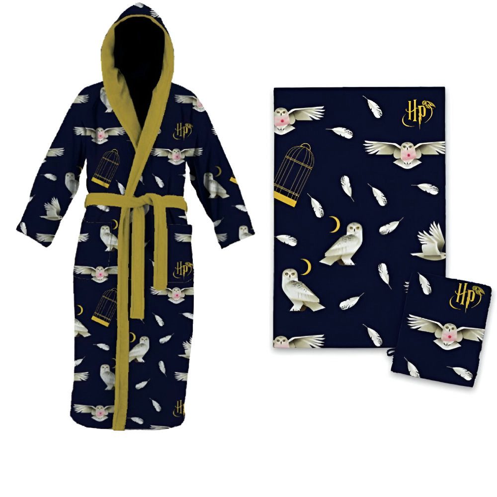 Harry Potter Kinderbademantel Harry Potter Hogwarts 3 tlg Set Kinder Bademantel Handtuch Handschuh, langarm, Polyester, Kapuze, Gürtel, Gr. 98 bis 128