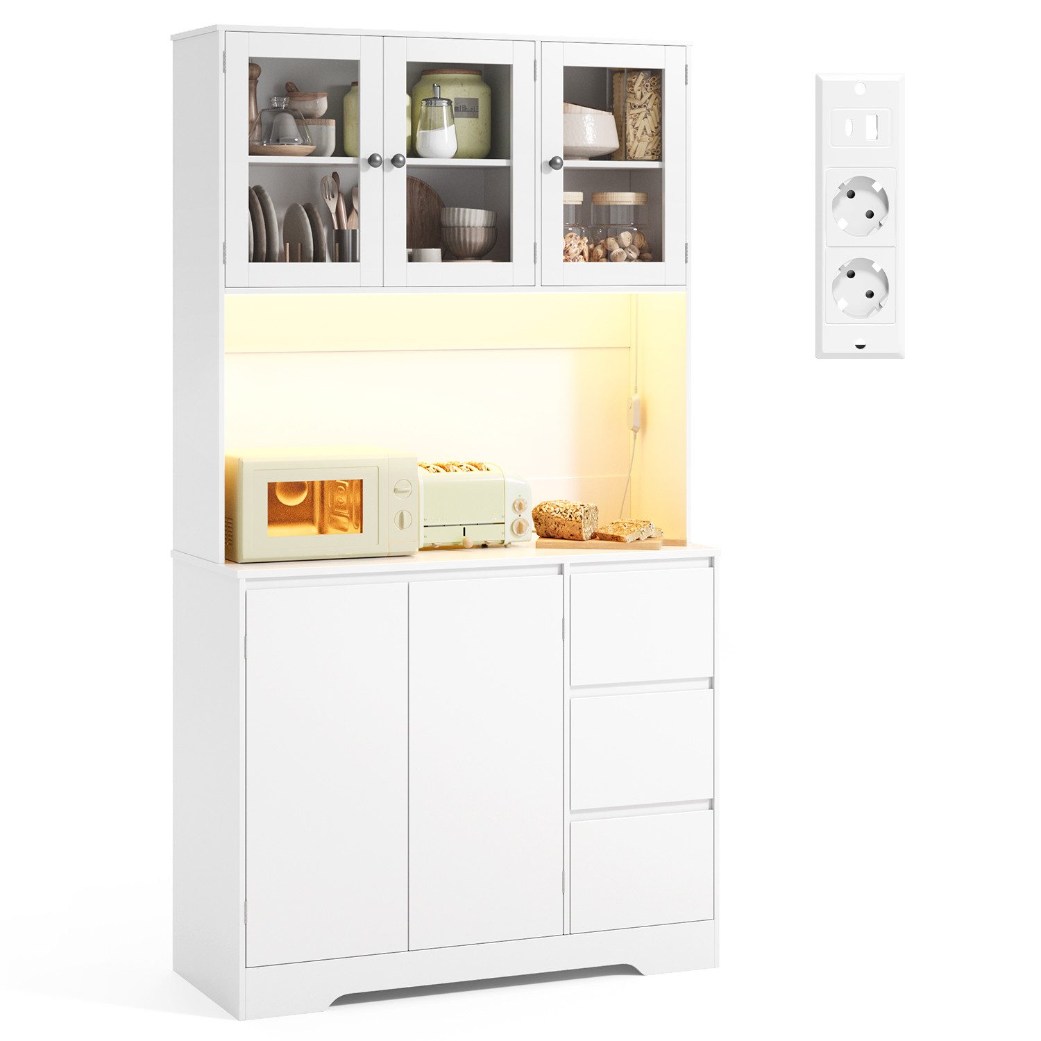 Bealife Buffet Küchenschrank mit Arbeitsplatte und 3 Schubladen (Mit LED-Licht (farblich einstellbar) & Steckdose)