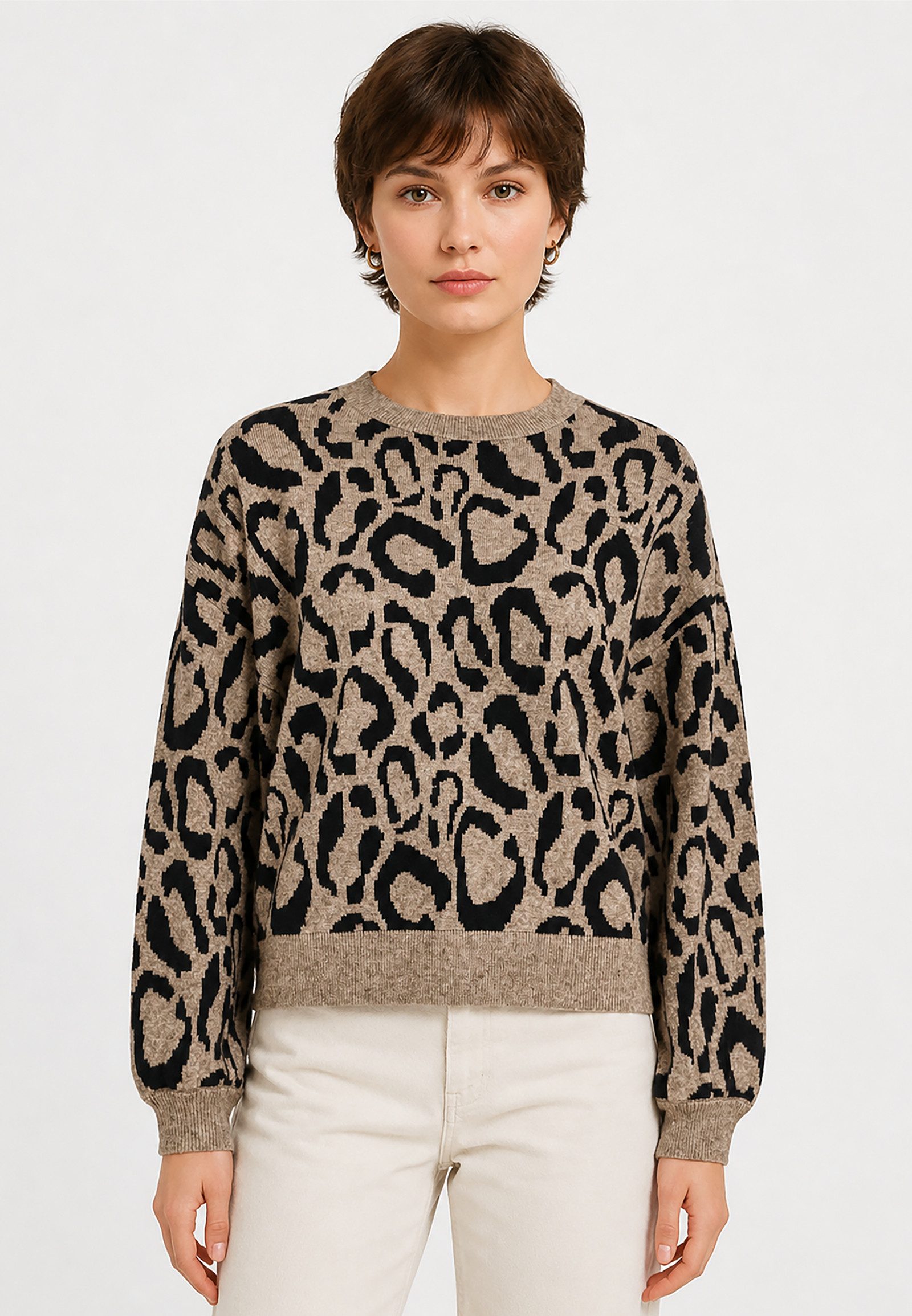 Vila Strickpullover Leopardenmuster Rundhalsausschnitt Rippbund Langarm (1-tlg) VITIP O-NECK L/S JACQUARD KNIT TOP/R/1