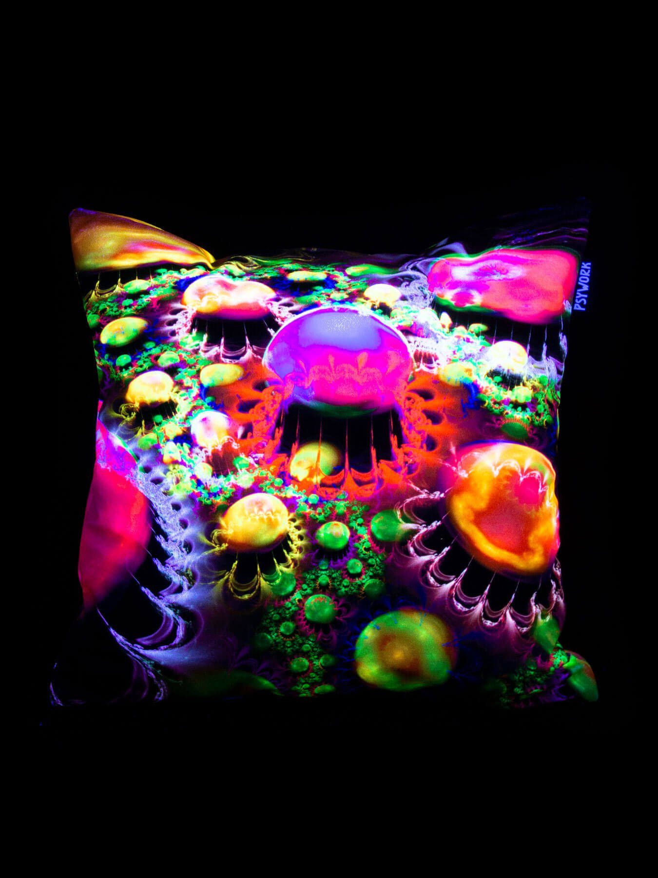 PSYWORK Dekokissen Kissen 40x40cm, PSYWORK Neon Schwarzlicht Landscape", UV-aktiv, leuchtet "Psy unter Schwarzlicht