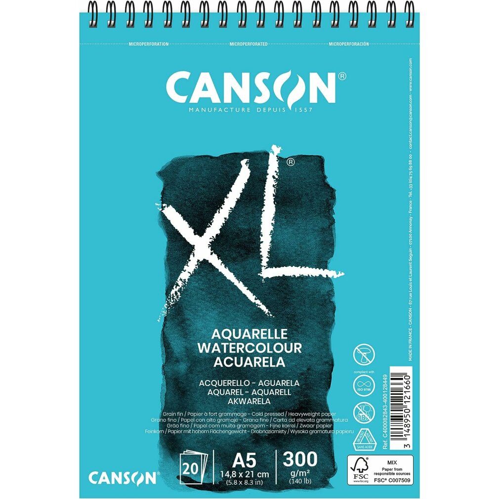 canson Aquarellpapier Zeichenblock XL Aquarelle 20 Bettlaken A5 Weiß 5 Stück 300 g/m²
