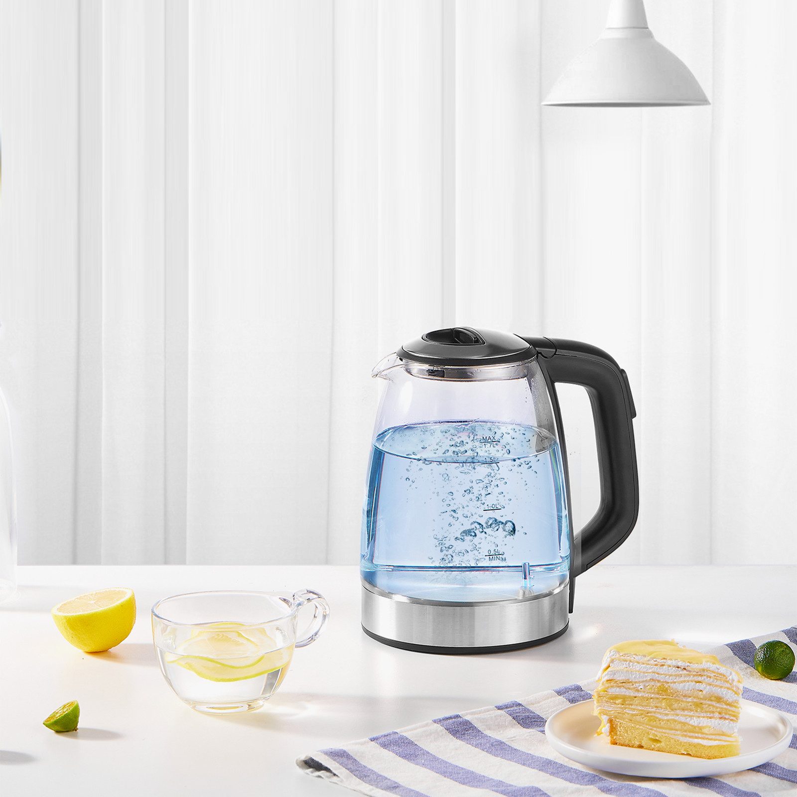 FOHERE Wasserkocher mit Temperaturregelung von 50 bis 100 °C, BPA-frei, 1.7 l, 2200 W, aus lebensmittelechtem Borosilikatglas und Edelstahl – Bild 2 von 5