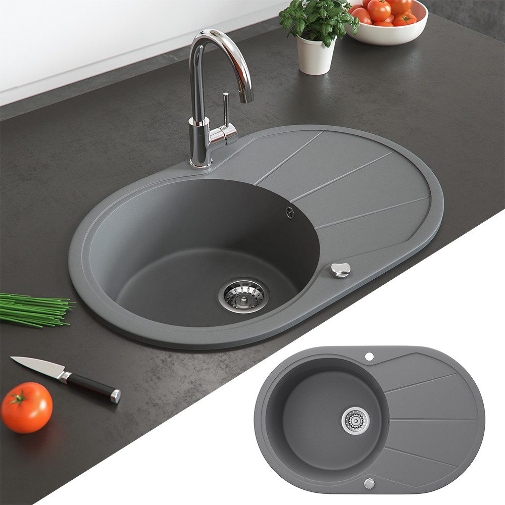 Bergstroem Granitspüle, Grau, 78 x 50 cm Rund mit Trockenplatz, Oval, 78/50 cm, beidseitig montierbar, (1 St)