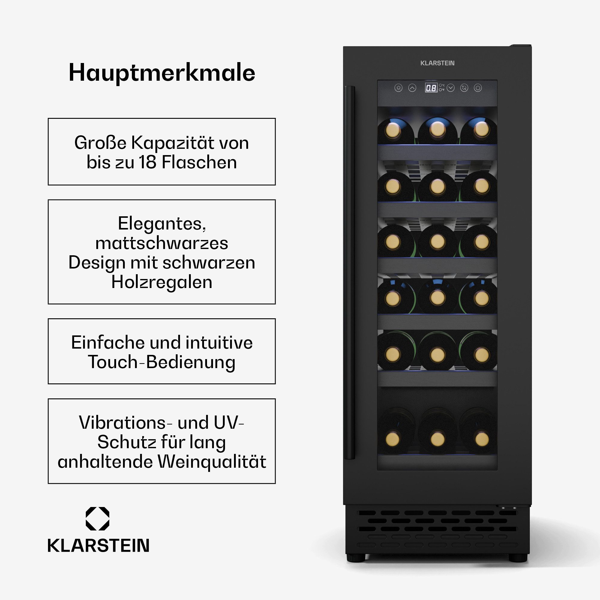 Klarstein Weinkühlschrank Vinovilla Uno 18, für 18 Standardflaschen á 0,75l,Wein Flaschenkühlschrank Weintemperierschrank Weinschrank Kühlschrank