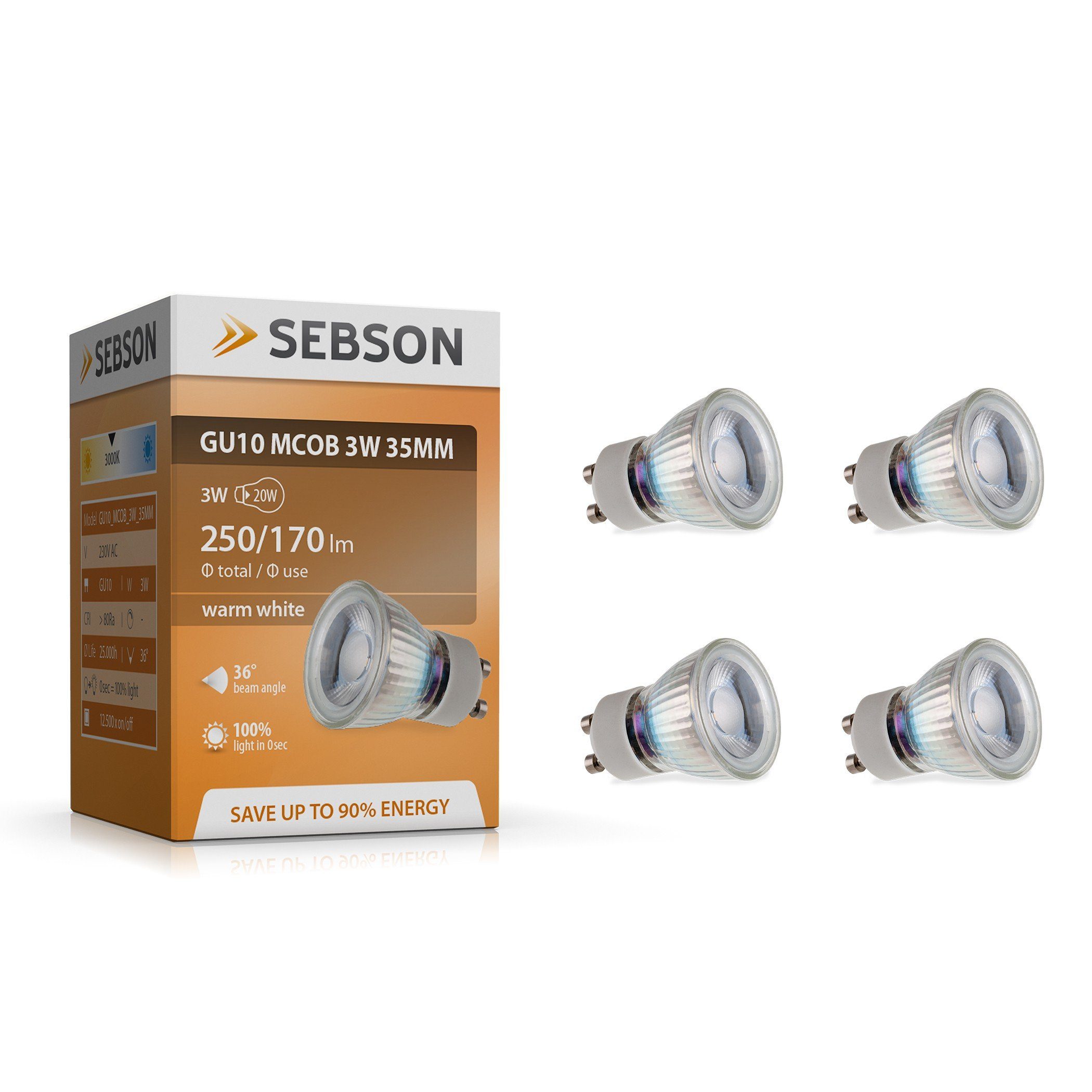 - 230V LED-Leuchtmittel Pack LED 4er Lampe 35mm Durchmesser GU10 SEBSON Spot warmweiß 3W