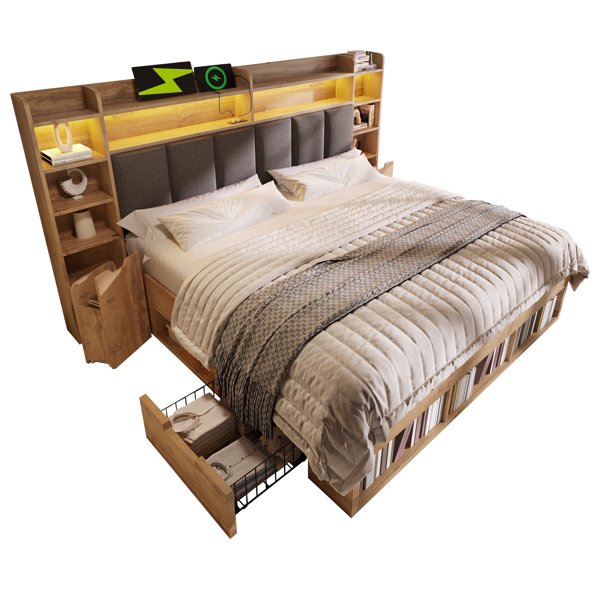 Holzbett Doppelbett Holzbett,Stauraum-Kopfteil mit LED & USB-C-Anschluss