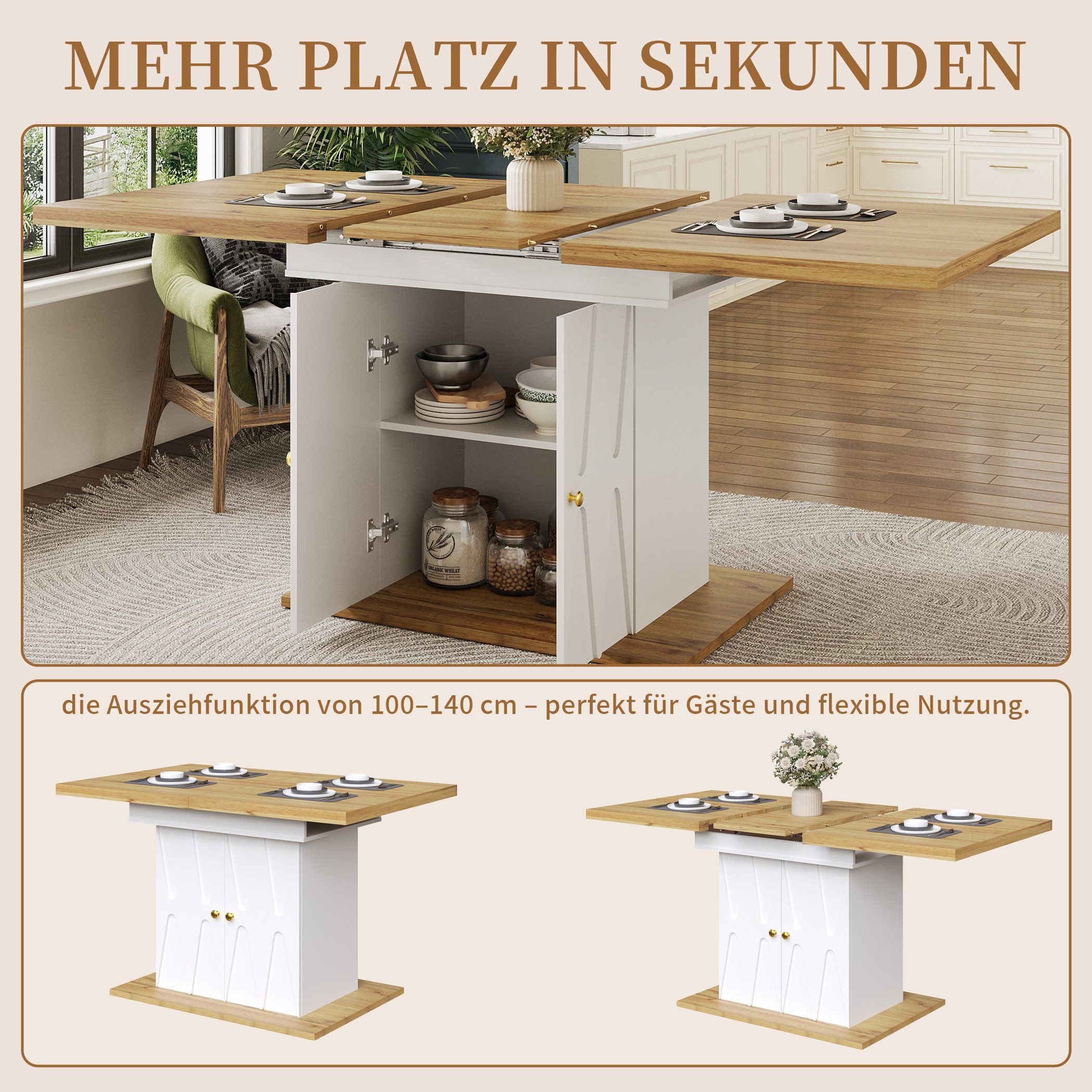 SeedWave Esstisch Ausziehbare Küchentisch mit 110-140cm Tischplatte, 2 Schranktüren, Säulentisch inkl. 2 geschlossene Staufächer