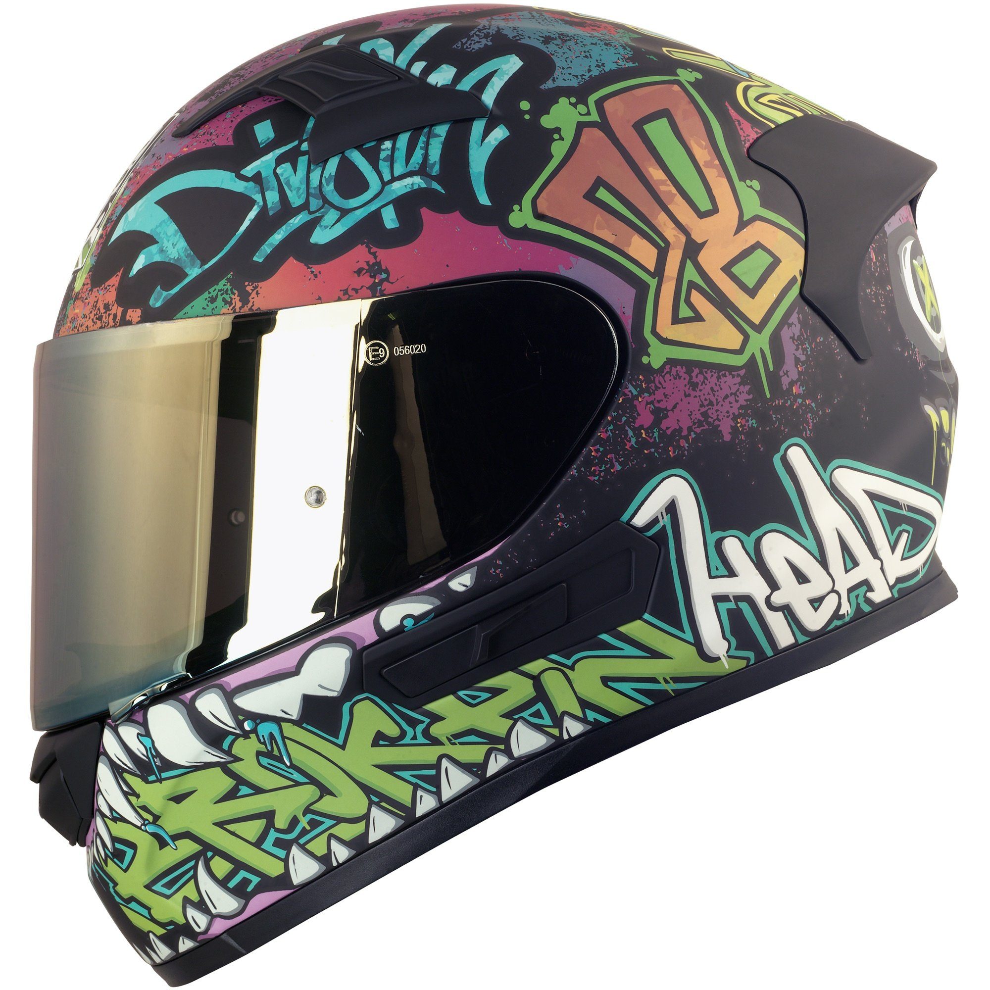 Broken Head Motorradhelm Broken Head Integralhelm InYourFace Schwarz + Gold-Verspiegeltes Visier (Mit Gold Verspiegeltem Visier), Einzigartiger Graffiti-Look