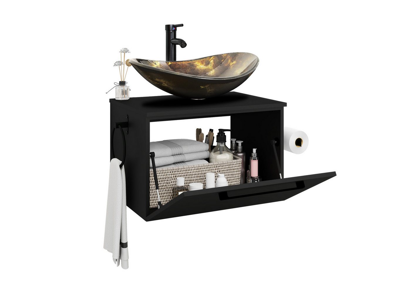 Puluomis Badezimmer-Set Waschbeckenunterschrank 60cm mit Waschbecken, (mit Handtuchring, Klopapierhalter)