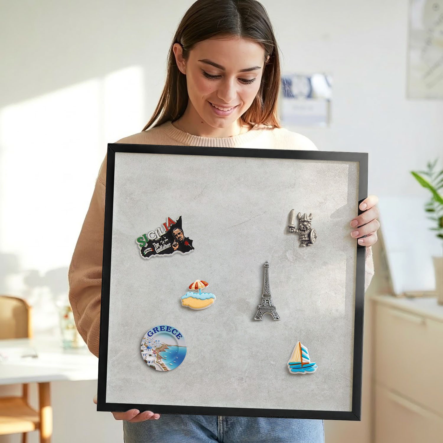 Tulup Magnettafel Magnettafel mit dekorativem Rahmen für Zuhause und Arbeitsplatz, Graue Eleganz, Grau