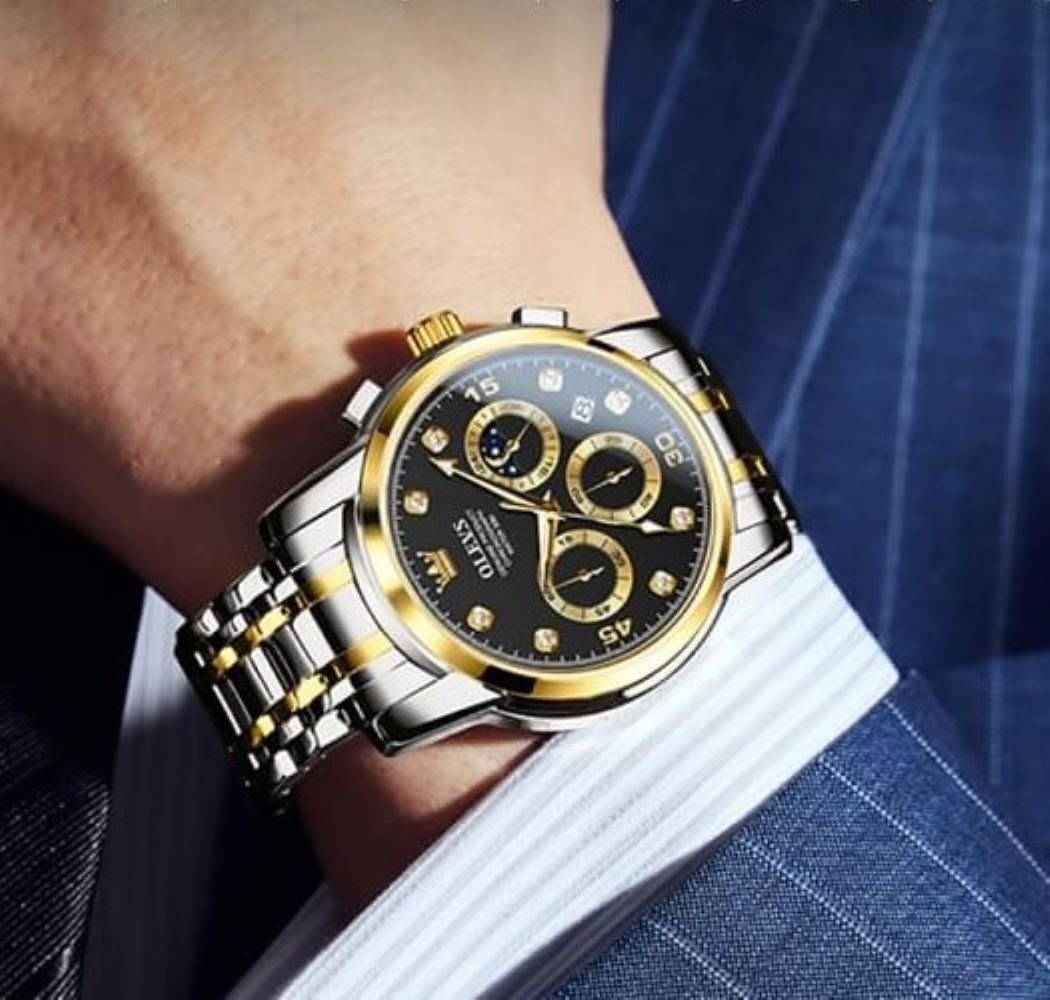 OLEVS Quarzuhr Herrenuhr Bicolor Silber /Gold Chronograph 2875, Uhrenbox