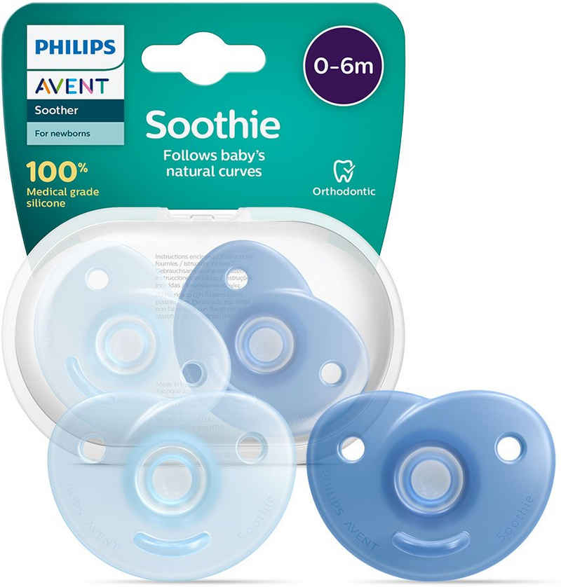 Philips AVENT Schnuller Soothie 0-6m SCF099, kiefergerecht geformter Sauger aus Silikon, inkl. Sterilisationsbox