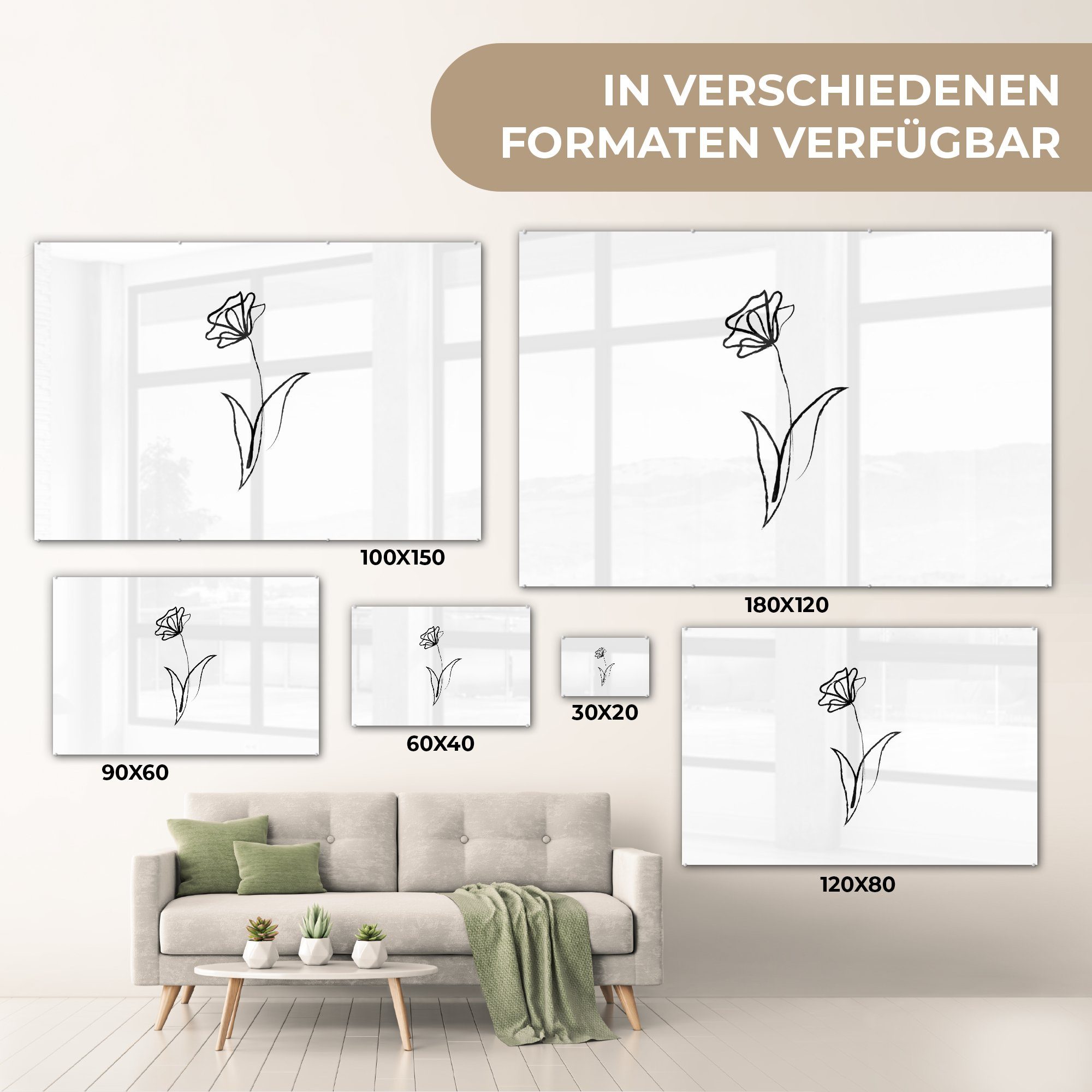 MuchoWow Acrylglasbild Linienkunst - Tulpen St), - (1 Wohnzimmer & Schlafzimmer Acrylglasbilder Minimalismus