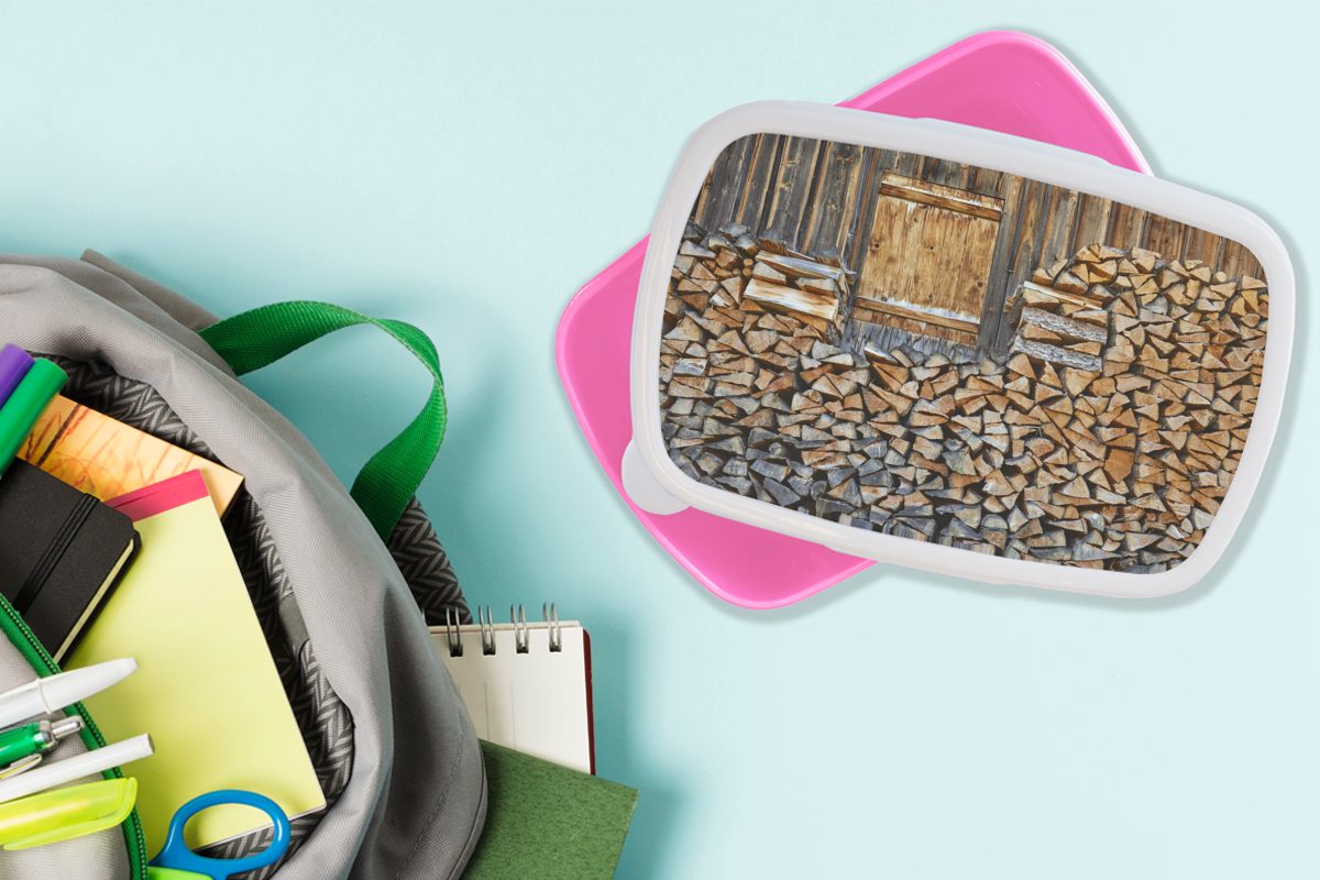 Snackbox, Erwachsene, Brotbox Brennholz Holzwand, (2-tlg), Kinder, Kunststoff für MuchoWow rosa Brotdose Lunchbox für Mädchen, Kunststoff, eine