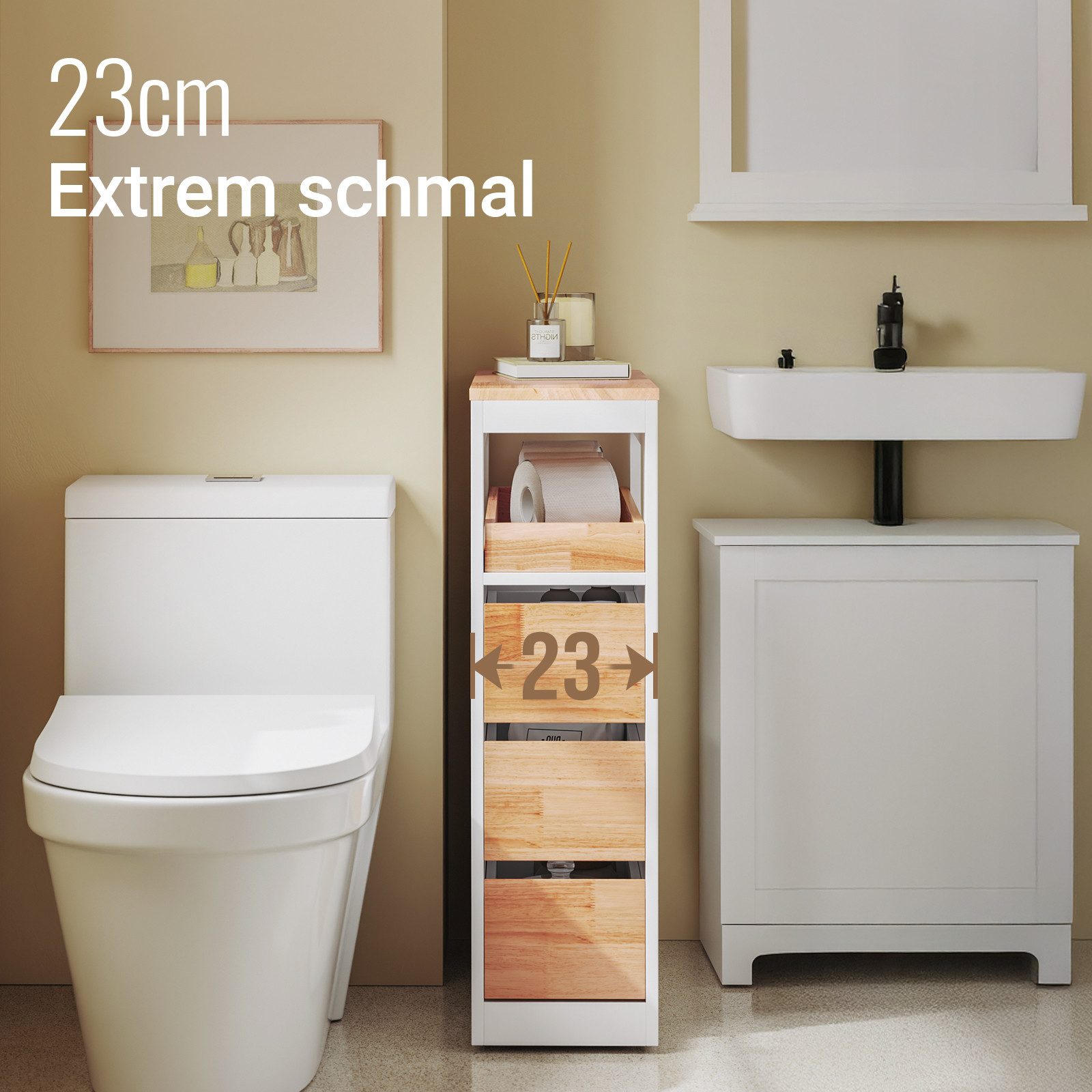 SoBuy Beistellwagen BZR54-II, Badezimmerschrank mit Rollen, Badschrank schmal, Kommode, Küchenwagen schmal Nischenwagen Badezimmerregal mit Rädern, ausziehbar