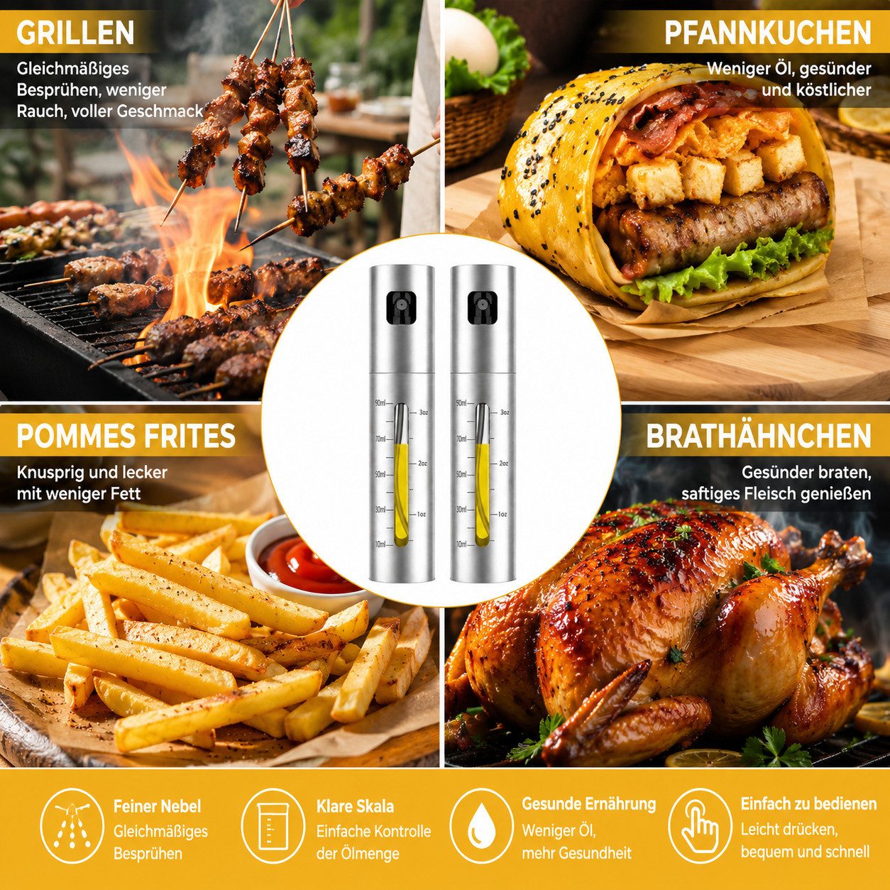 ibettertec Ölspender Edelstahl Ölspender 2er Set 100ml, Öl Sprüher mit Messskala, (Hochwertiger Ölzerstäuber aus Edelstahl, rostfrei und langlebig, 2-tlg., für  – Bild 3 von 5
