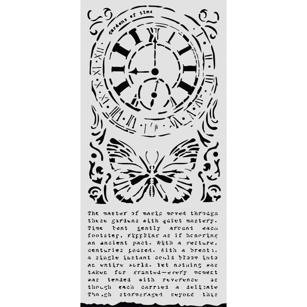 Stamperia Motivschablone Schablone "Gardens of Time - Clock and Butterfly", 25x12cm