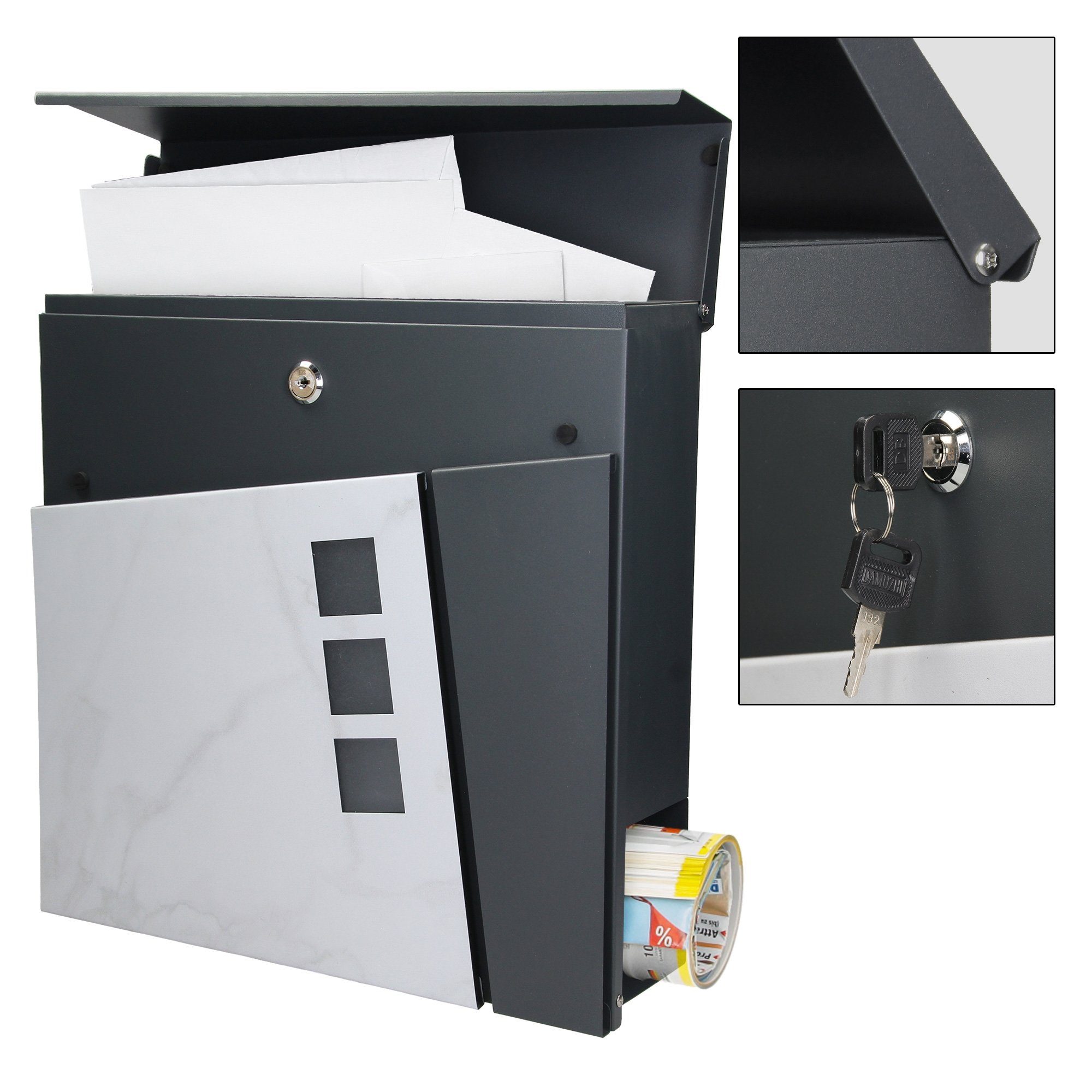 37x36,5x11cm Briefkasten ML-DESIGN Stahl aus Anthrazit/Weiß-Marmoroptik Briefkasten