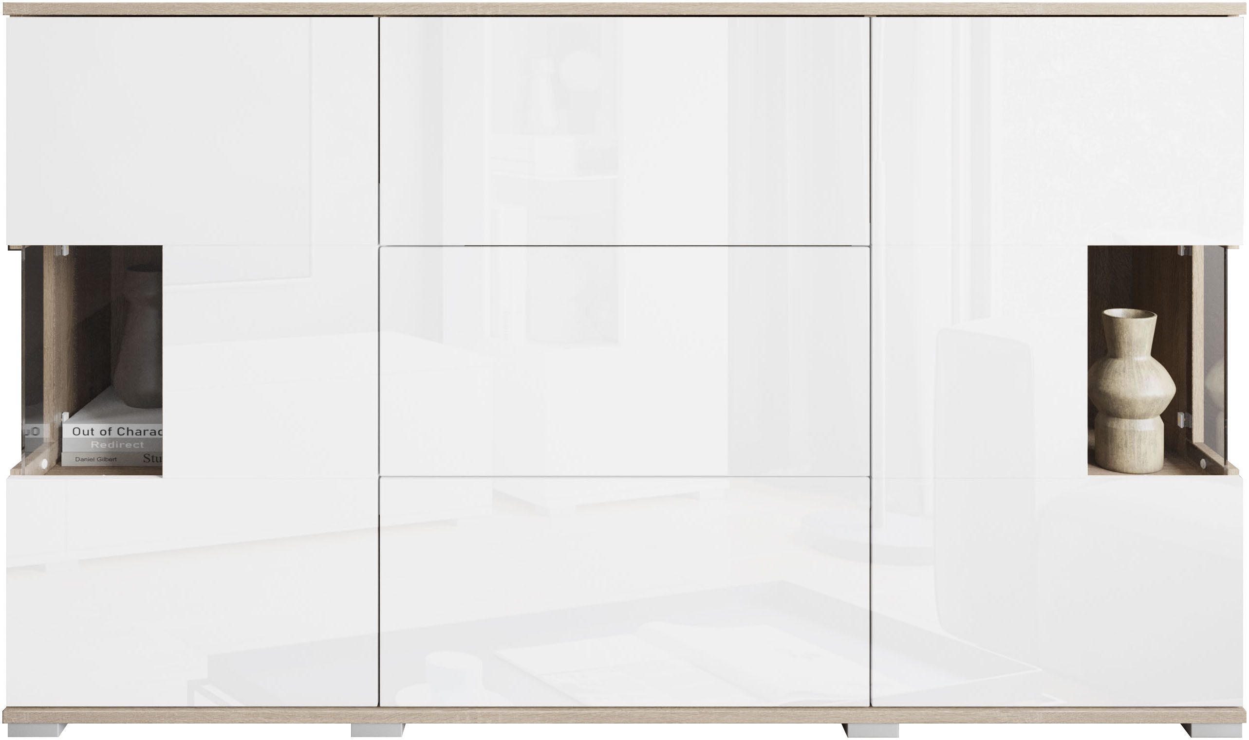 OTTO home Sideboard Kenia (1 St), Sideboard mit 3 Schubladen, 6 Fächern, Glastüren, Breite 150 cm
