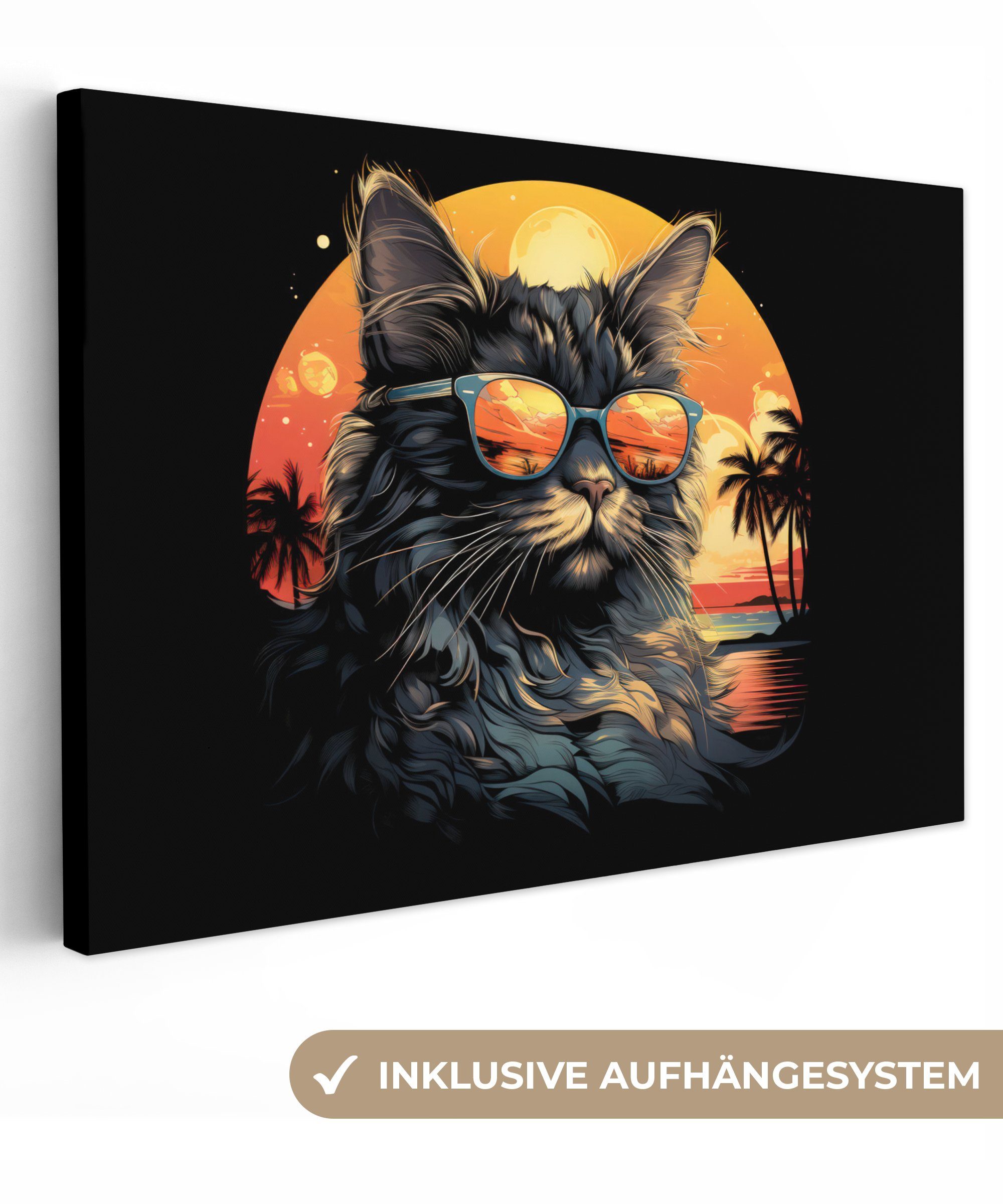 OneMillionCanvasses® Leinwandbild Retro - Katze - Brille - Palmen - Sonne - Schwarz - Tiere, (1 St), Wandbild Leinwandbilder, Aufhängefertig, Wanddeko, 30x20 cm