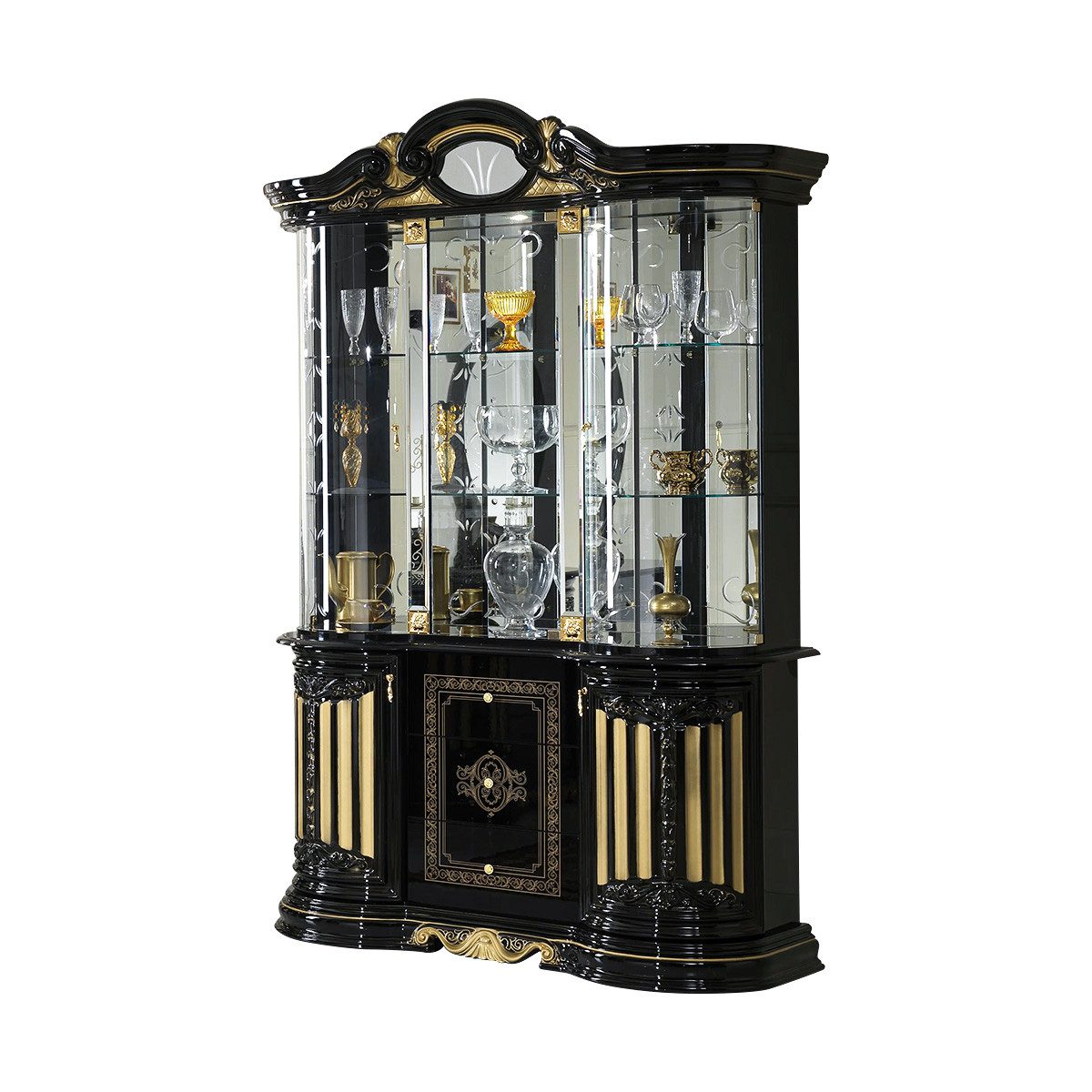 Interdesign24 Glasvitrine Bella (5-Türig, mit 3 Schubladen, im Barock-Stil, mit Goldverzierungen) in Schwarz/Gold Hochglanz