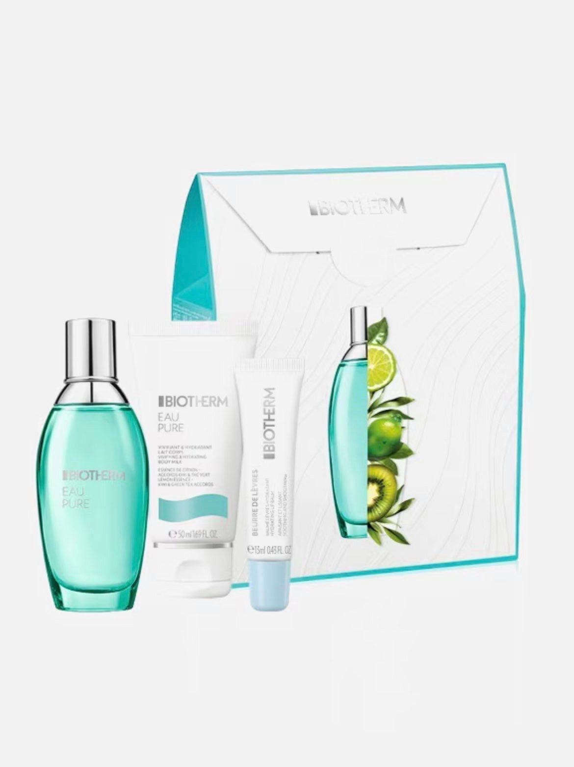 BIOTHERM Körperpflegemittel BIOTHERM Eau Pure L-Set 1 x Körperspray 100 ml + 1 x Duschgel 50 ml + 1 x Körpermilch 50 ml + 1 x Kerze, 4-tlg.