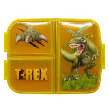 Stor Lunchbox Dinosaurier T-Rex Kinder 2 tlg Set Brotdose 3 Kammern Trinkflasche, Kunststoff