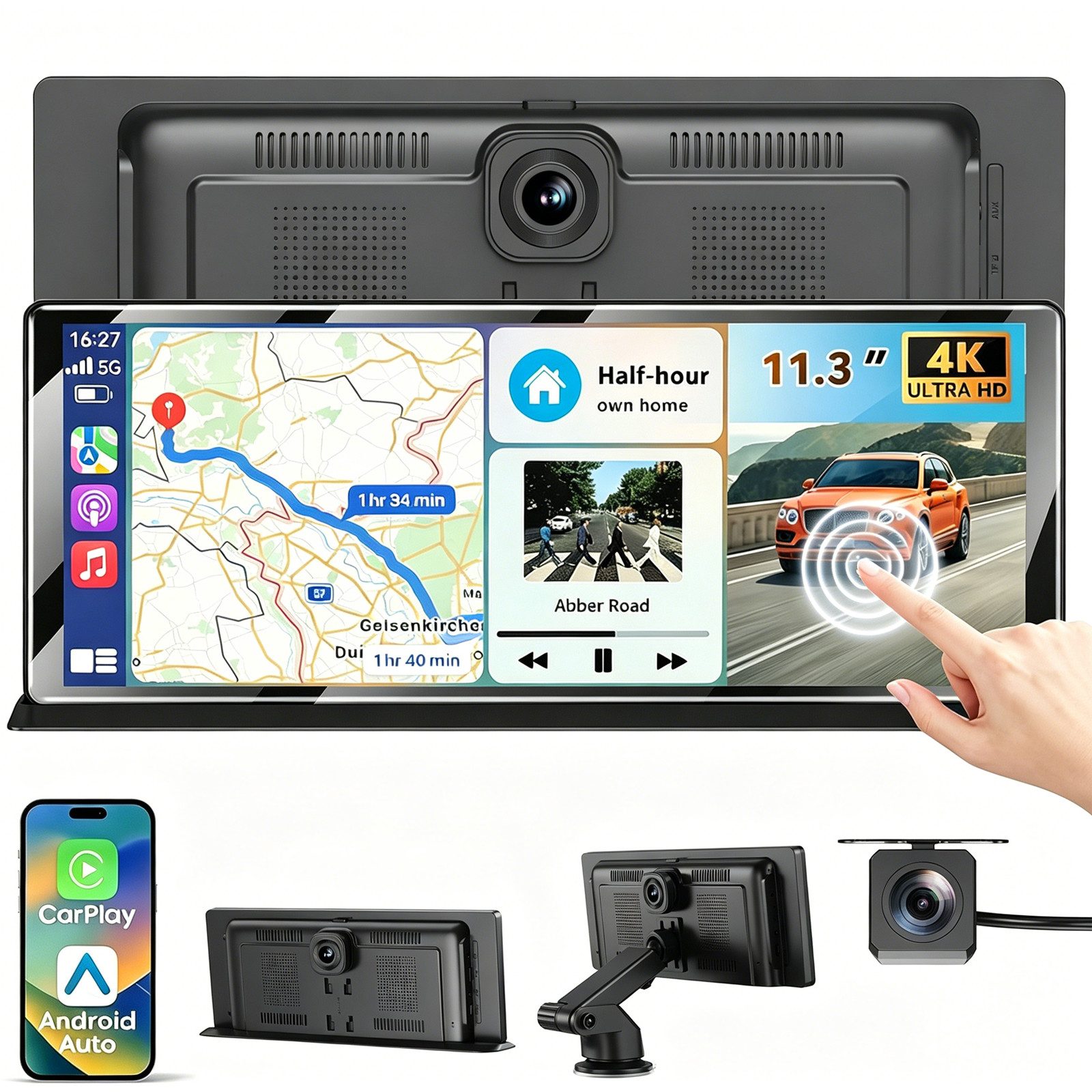 ESSGOO 4K 11.3'' Wireless Carplay Android Auto Dashcam mit Rückfahrkamera GPS Navigationsgerät (Apple Carplay Android Auto GPS Navi WIFI BT EQ)