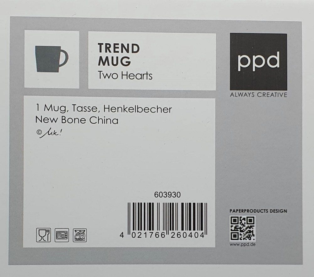 PPD Becher Hochzeit, Valentinstag, Muttertag, Liebe, Herzen, Vatertag Motiv, 1-tlg., Porzellan Tee - Kaffee, Henkelbecher Trendtasse, Zwei Herzen, Herz Motiv, Herzen, Geschenke, Kollektion, ideal als Geschenk