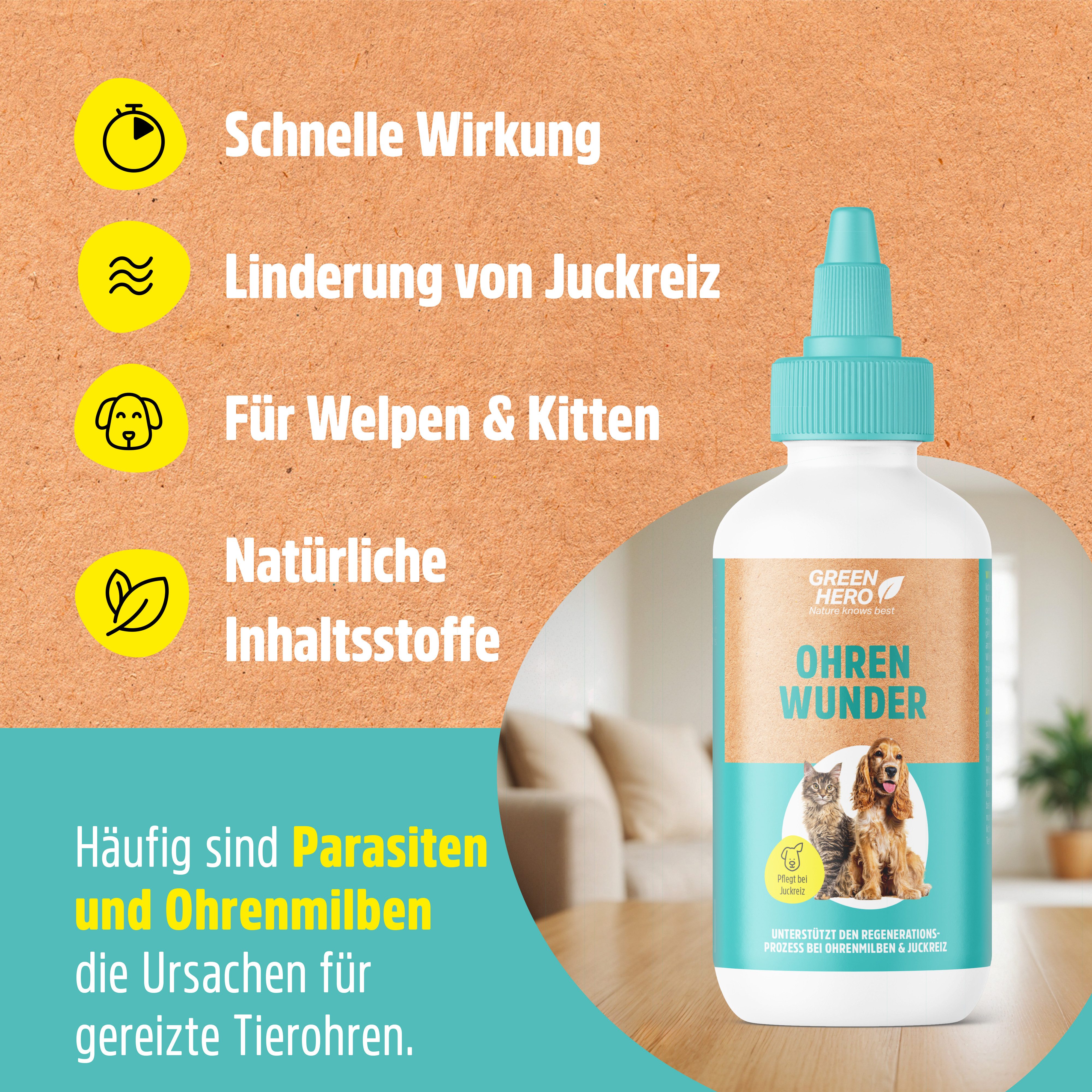 GreenHero Ohrenreiniger Ohrenwunder gegen Ohrmilben & Juckreis, 1-tlg., Ohrenpflege für Hund & Katze, bei Ohrmilben, Juckreiz, Entzündungen