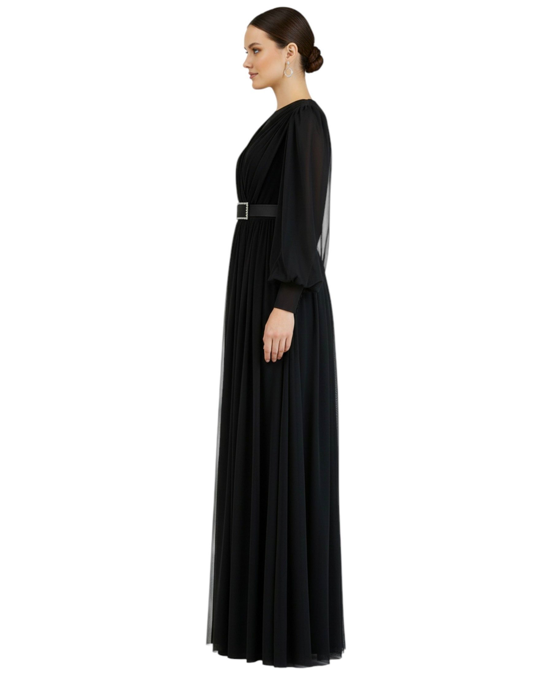 fashionshowcase Abendkleid Damen Maxikleid langarm Tüllkleid elegant mit Gürtel Modest Fashion Fließender Plissee-Rock mit taillierendem Gürtel