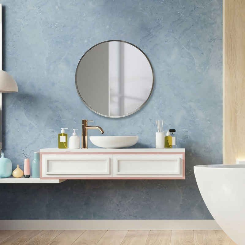 en.casa Wandspiegel, »Modugno« Badezimmerspiegel 40 cm Silberfarben Schminkspiegel Hängespiegel rund