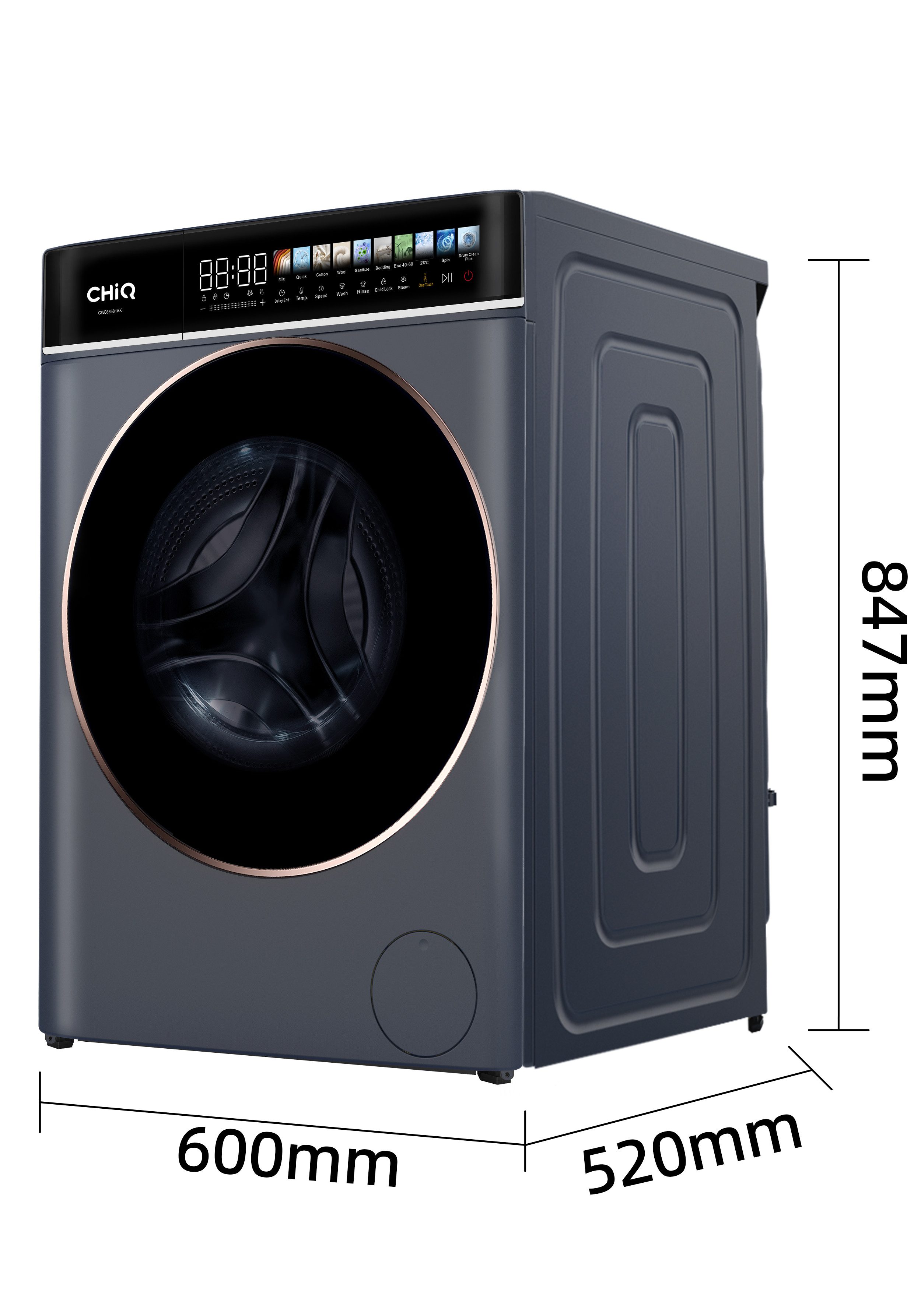 CHiQ Waschmaschine mit LED-Touch-Display CW086581AX, 8 kg, 1400 U/min, 15 Min. Schnell, EEK A-15%, 12-Jahre-Garantie auf Kompressor – Bild 2 von 5
