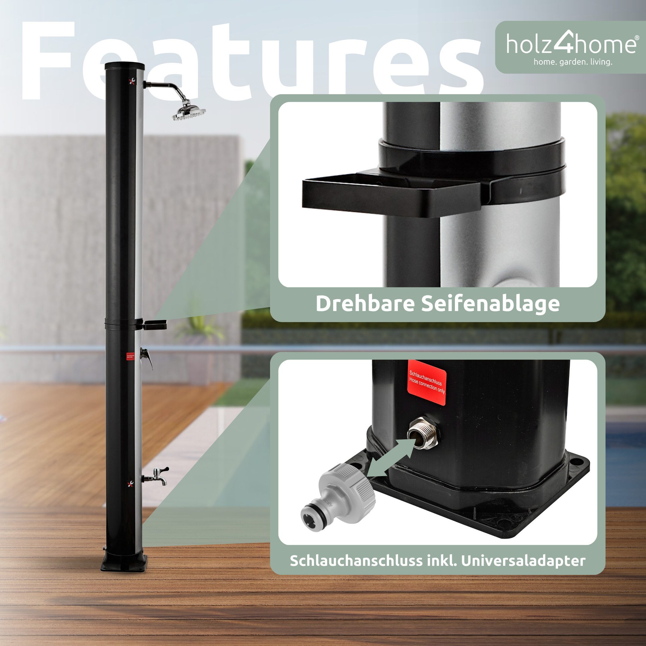 holz4home® Solardusche Gartendusche Aussendusche mit Warmwasser I Pooldusche Saunadusche, Mit Fußdusche und Seifenablage