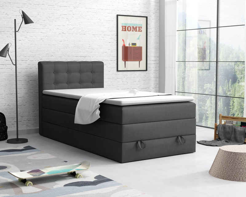 Deine Möbel 24 Boxspringbett Polsterbett Komplettbett Hotelbett JUNG 1 inkl. Topper (für Jugendliche Jugendbett, Bonellfederkernmatratze H3 Taschenfederkernmatratze H4), 90x200 100x200 120 cm Einzelbett Boxspring Hotelbett Veloursstoff